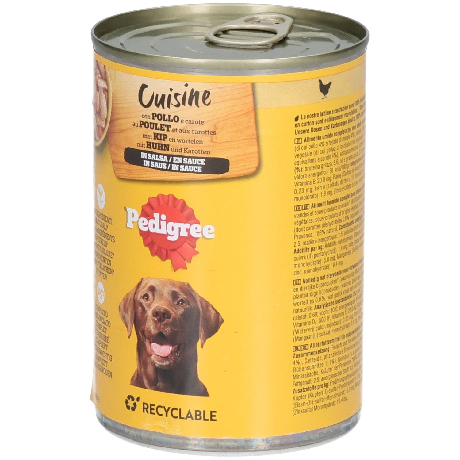 Boîte de nourriture pour chien Pedigree au poulet et carottes, face avant.