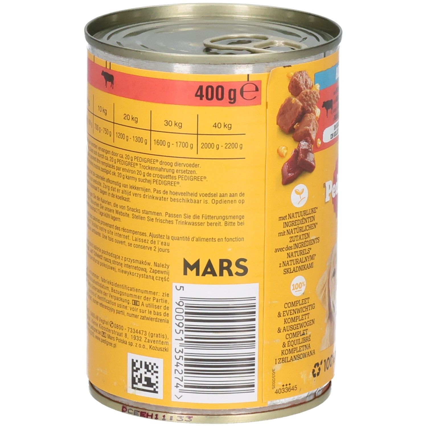 Arrière d'une boîte Pedigree Adulte avec informations nutritionnelles et conseils d'alimentation.