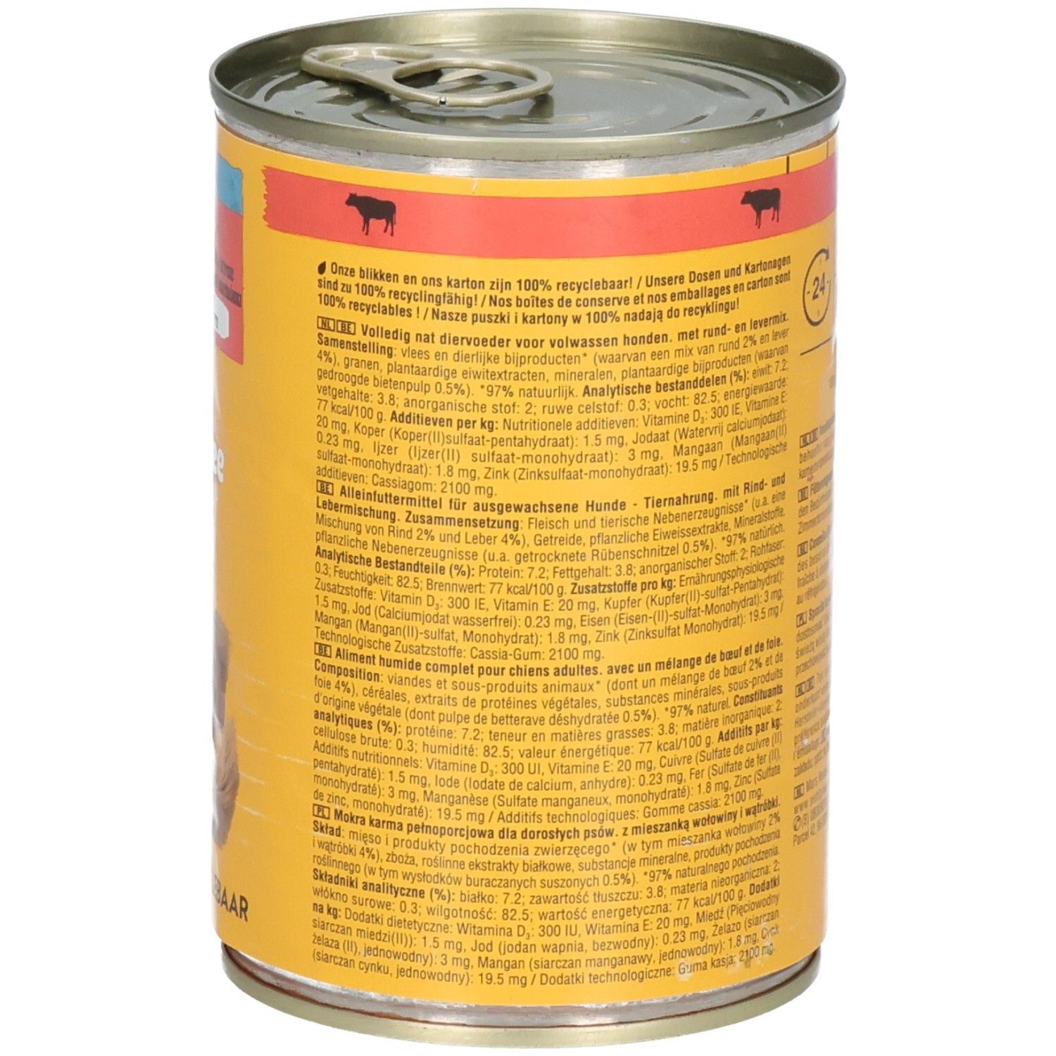 Avant d'une boîte Pedigree Adulte bœuf et mélange foie, montre un Golden Retriever.