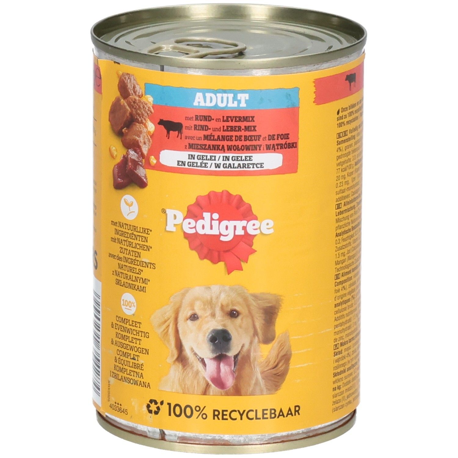 Avant d'une boîte Pedigree Adulte bœuf et mélange foie, montre un Golden Retriever.