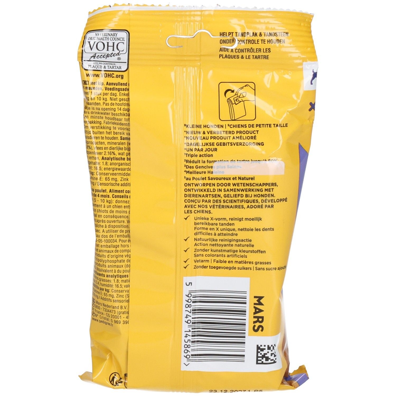 Verpakking met 7 Pedigree Dentastix Light sticks voor dagelijkse mondverzorging bij honden.