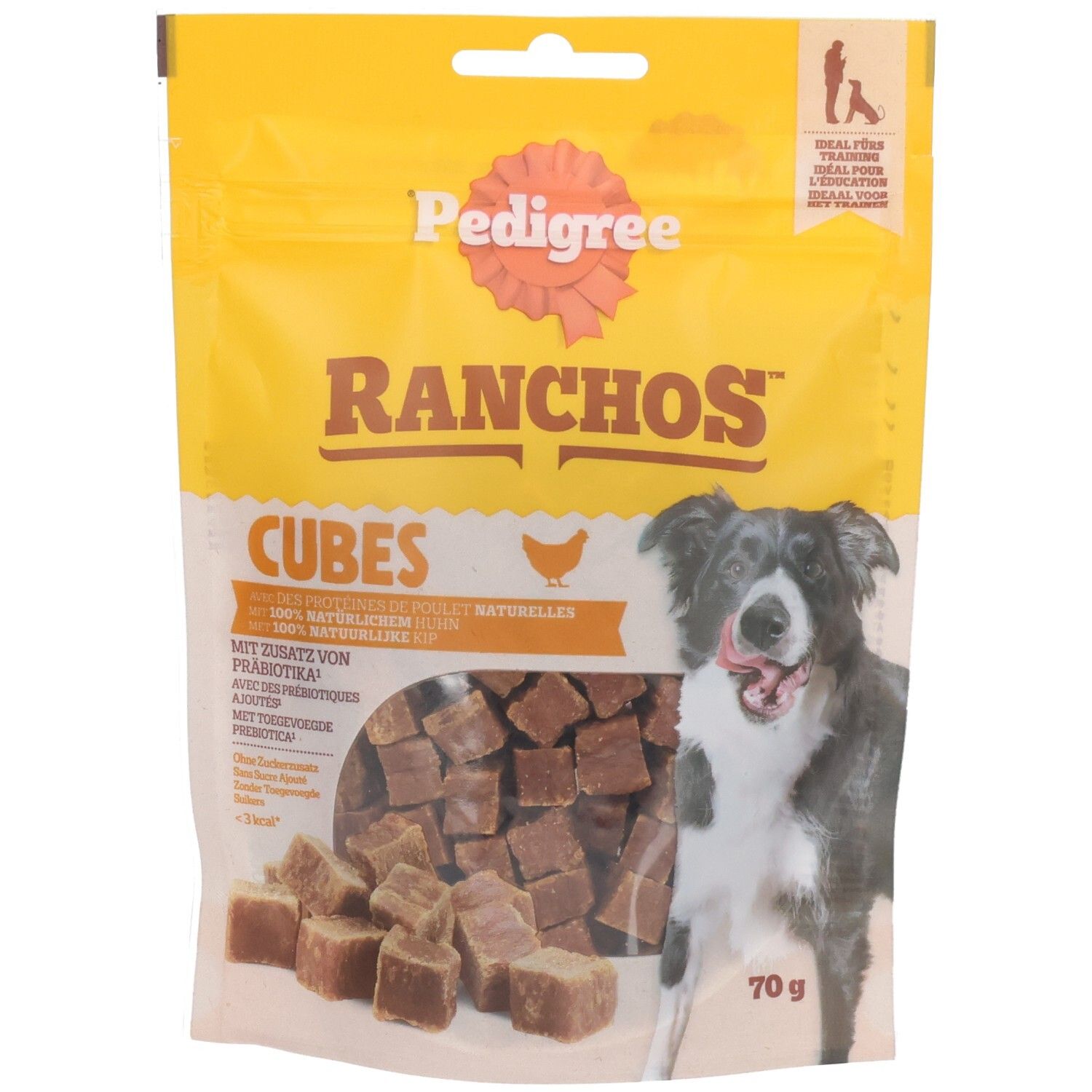Pedigree Ranchos Cubes Kip friandises pour chien dans un emballage jaune avec image de chien.