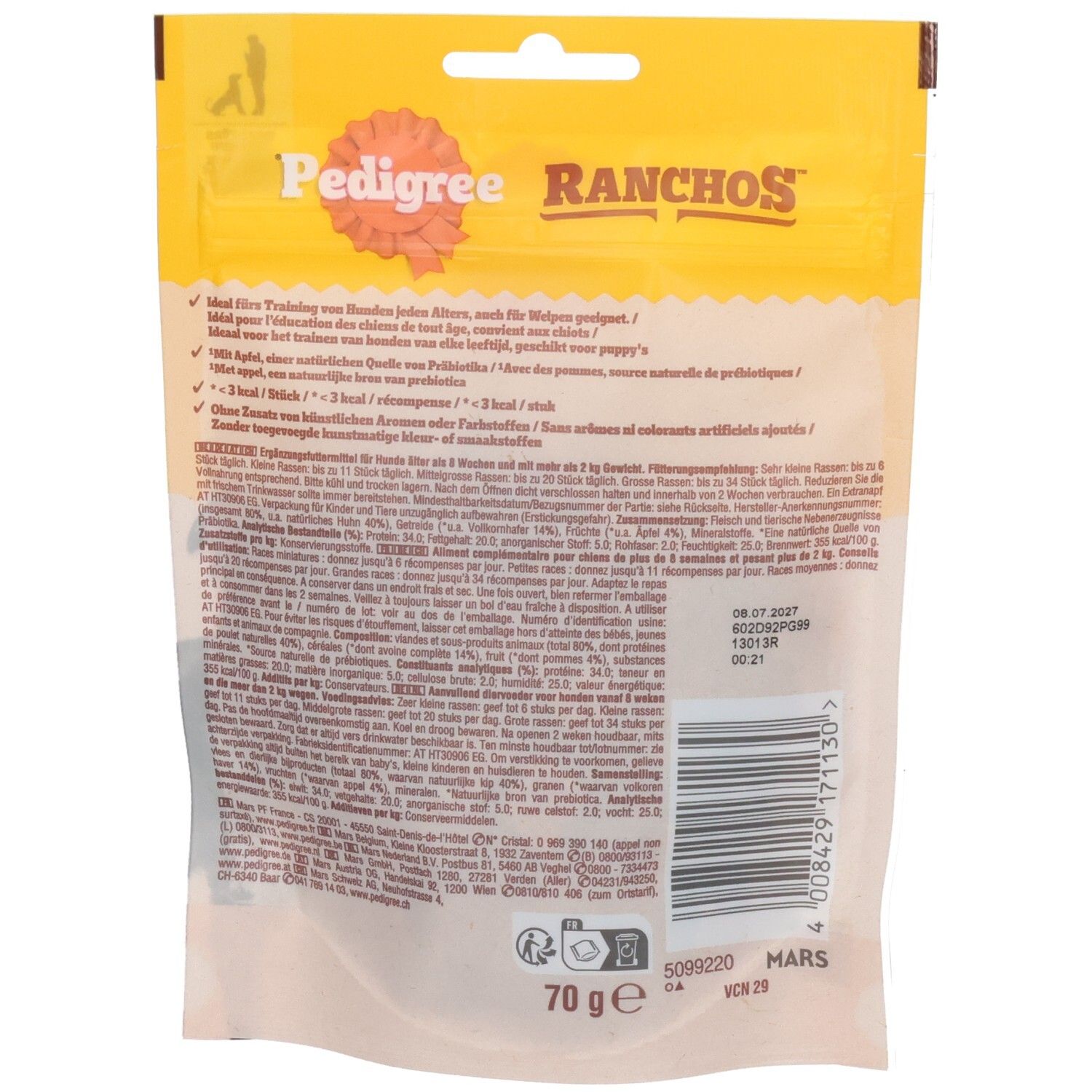 Dos de l'emballage Pedigree Ranchos Cubes Kip friandises pour chien avec informations nutritionnelles.