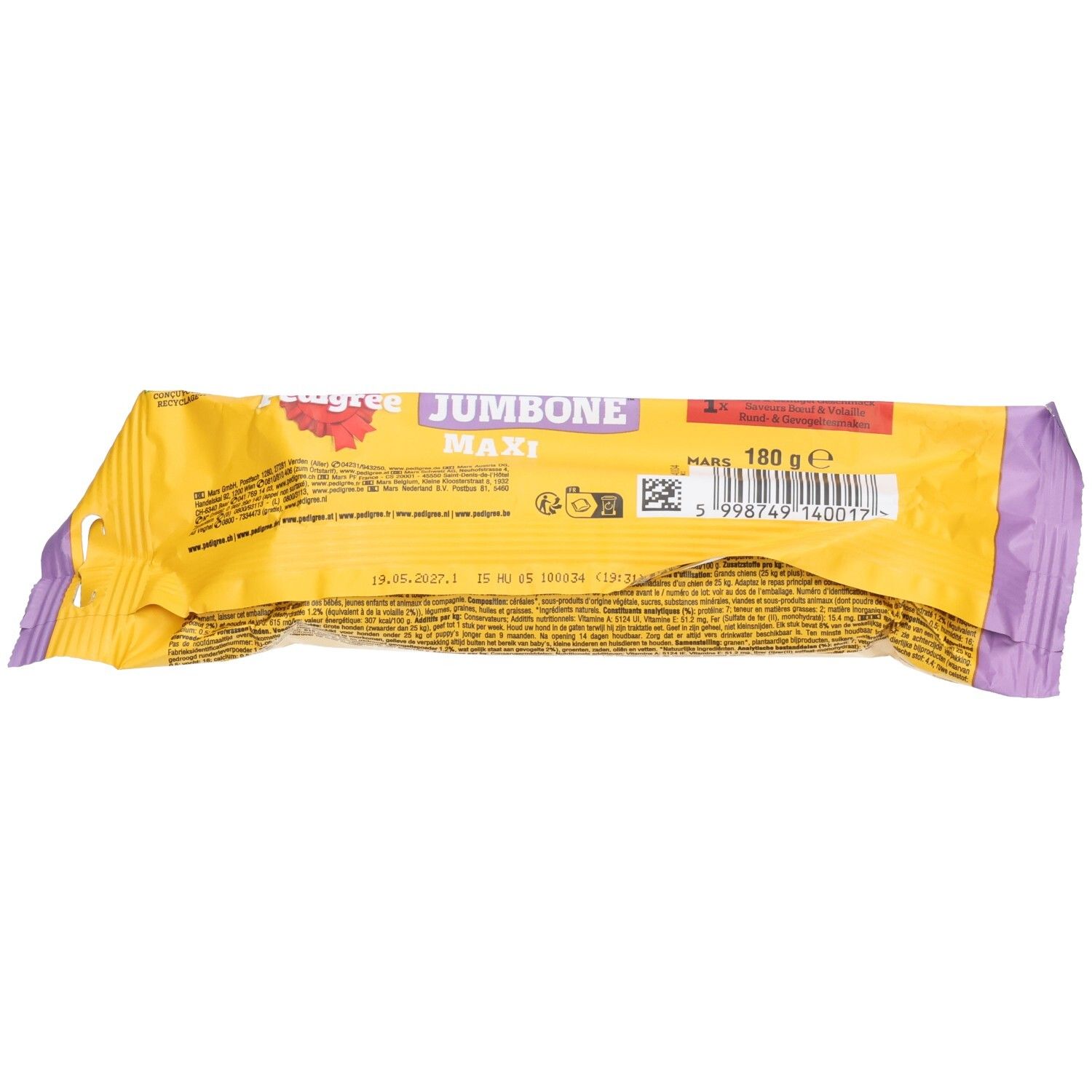 Pedigree Ranchos Cubes hondenvoer, gele zak met hond en blokjes.