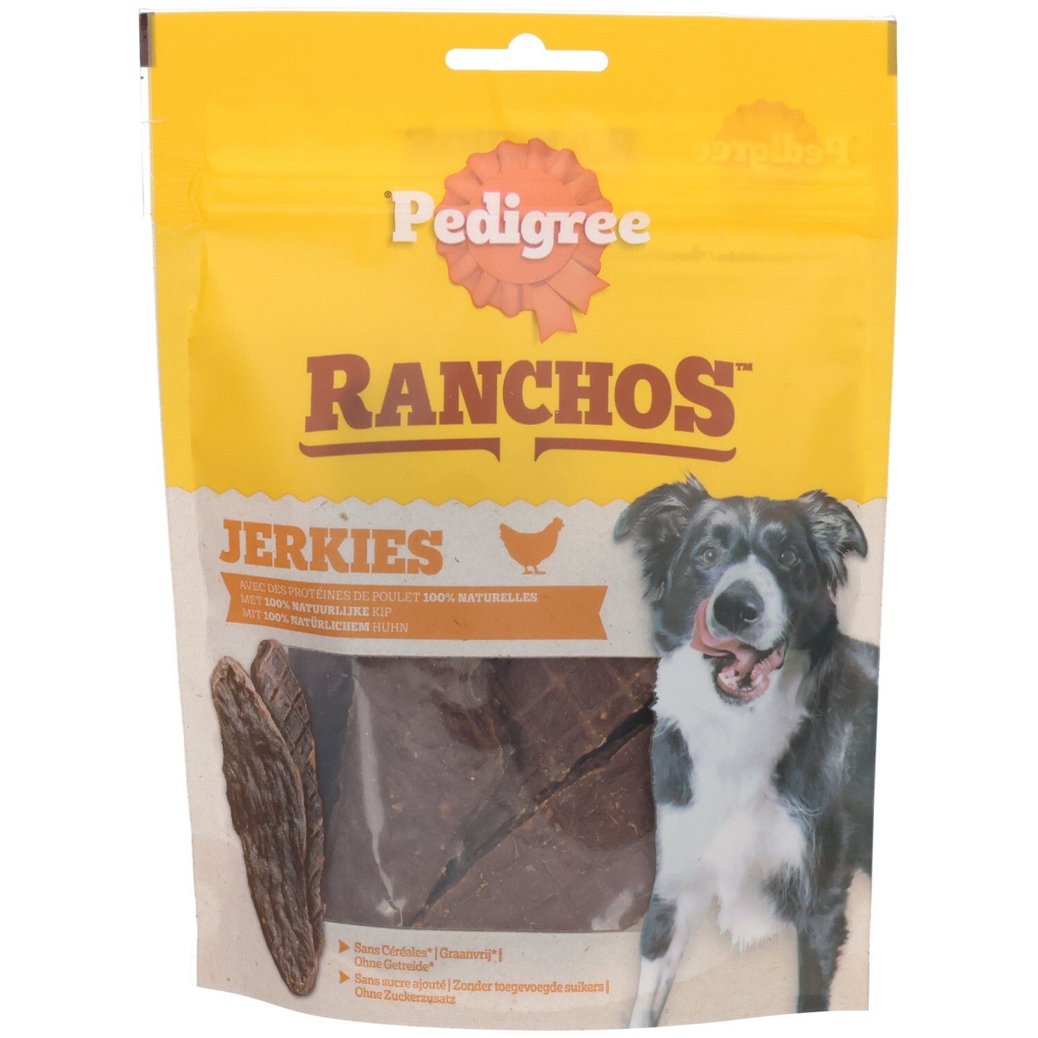Pedigree Ranchos Jerkies hondensnacks in gele verpakking met hondenafbeelding.