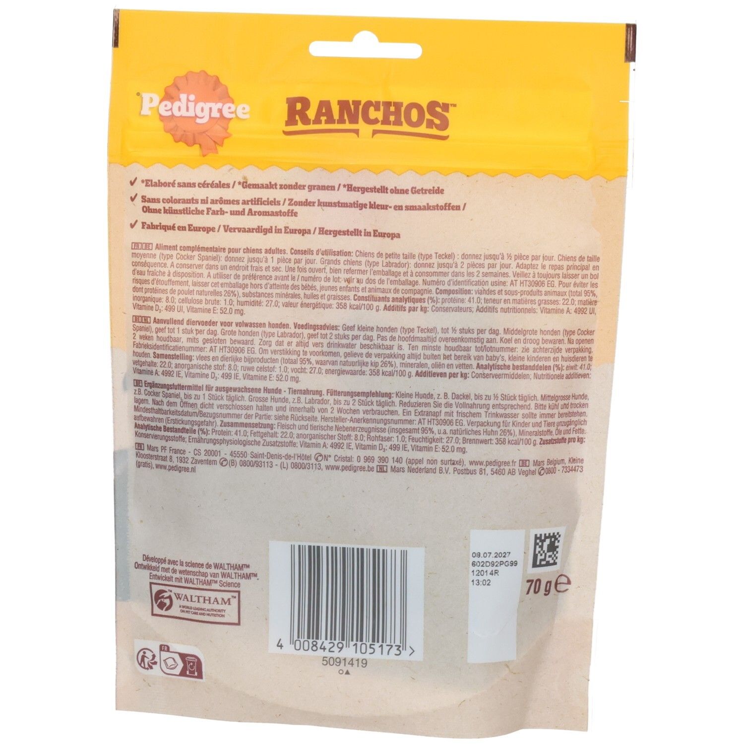 Pedigree Ranchos Jerkies rundvlees snacks voor honden, 60g zakje.