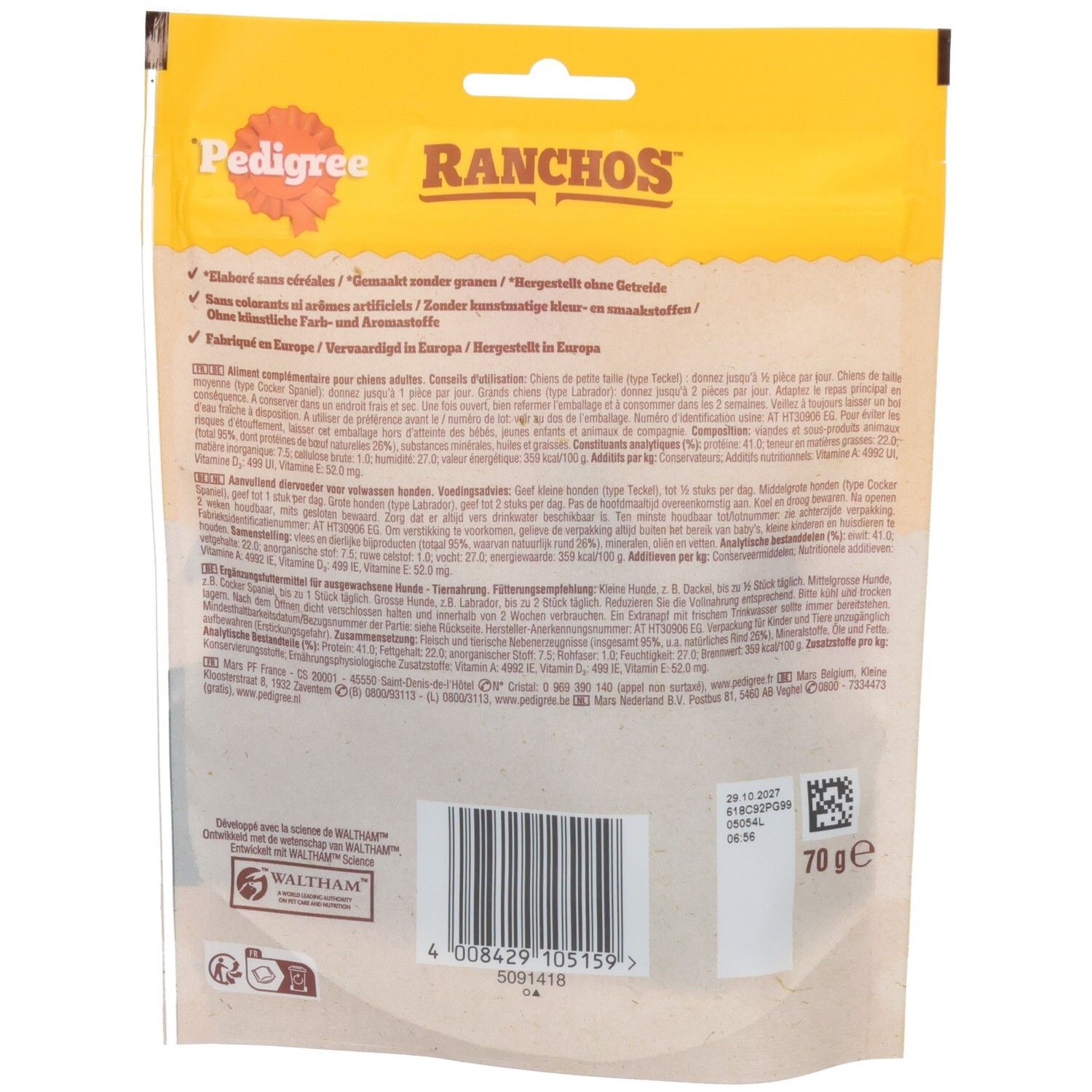 Pedigree Ranchos Jerkies rundvlees snacks voor honden, 70g zakje.