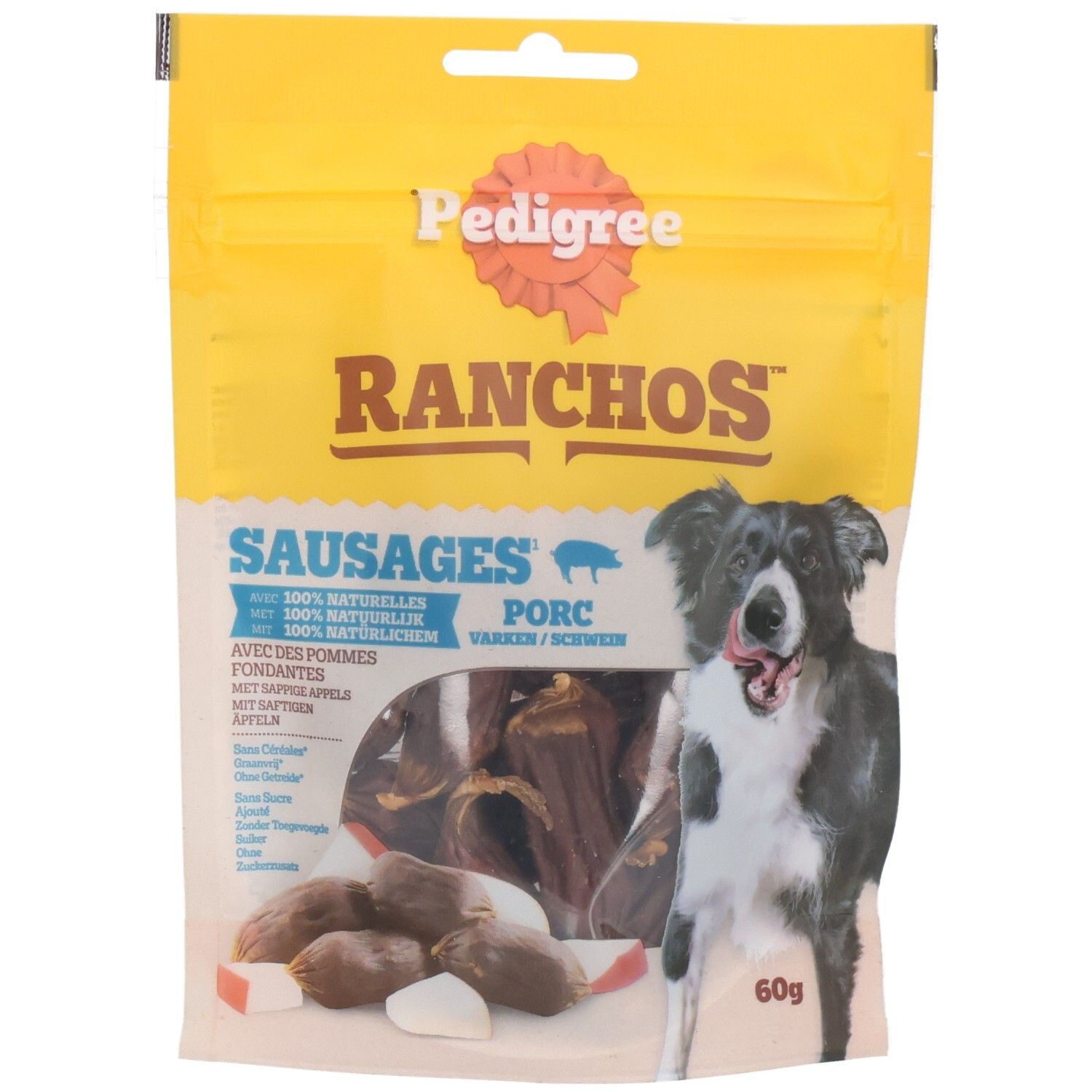 Pedigree Ranchos Sausages worstjes voor honden in gele verpakking met hondenafbeelding.