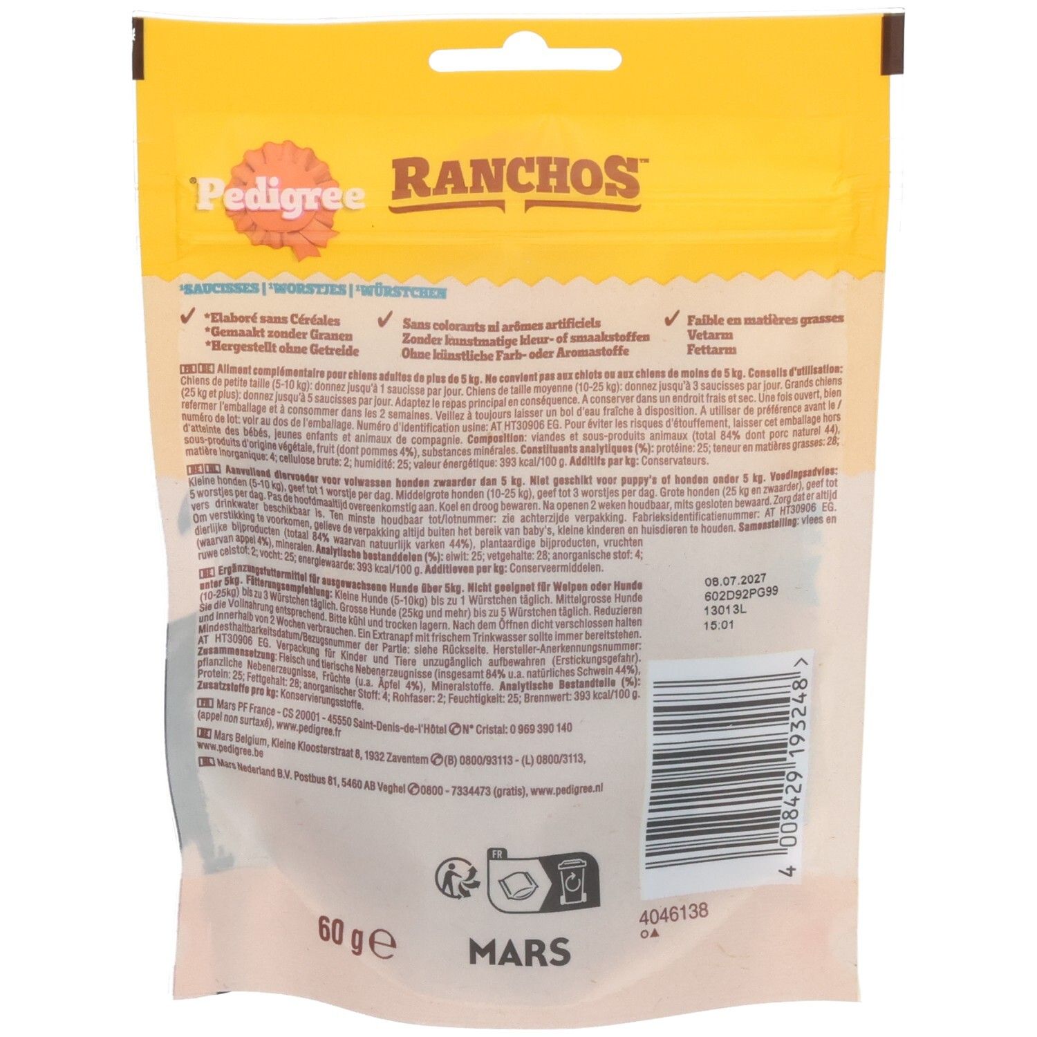 Pedigree Schmackos Mix Savers hondenlekkernijen in gele verpakking met hondenafbeelding.
