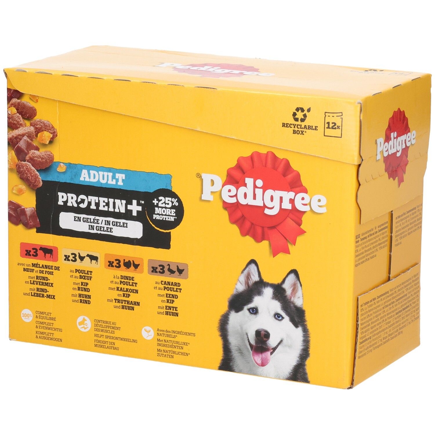 Pedigree Adult Protein+ hondenvoer in gelei, verpakking van 12. Bevat rund, kip, lam en kalkoen.