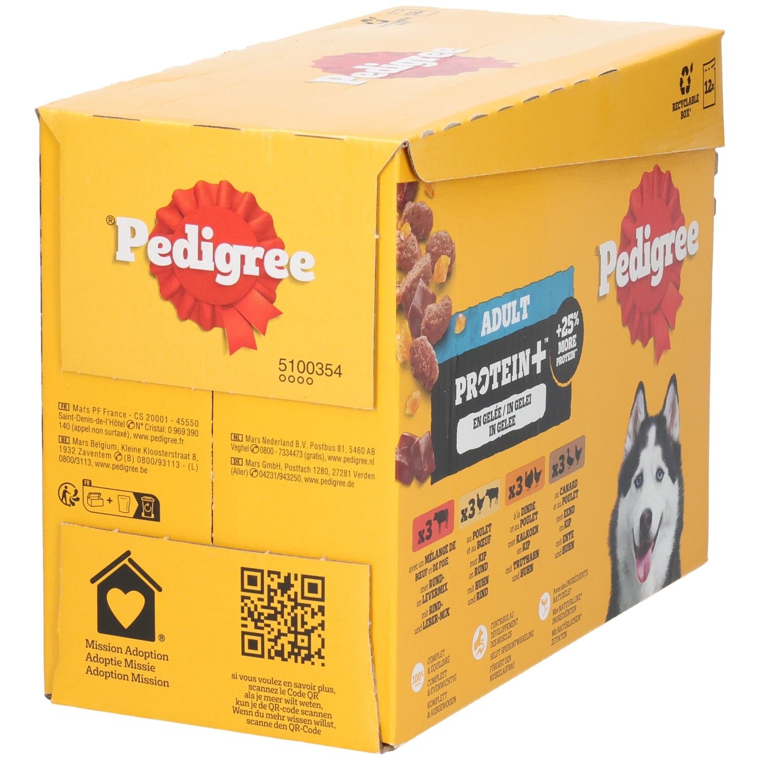 Achterkant van de Pedigree Adult Protein+ hondenvoer verpakking met informatie over spijsvertering en ingrediënten.