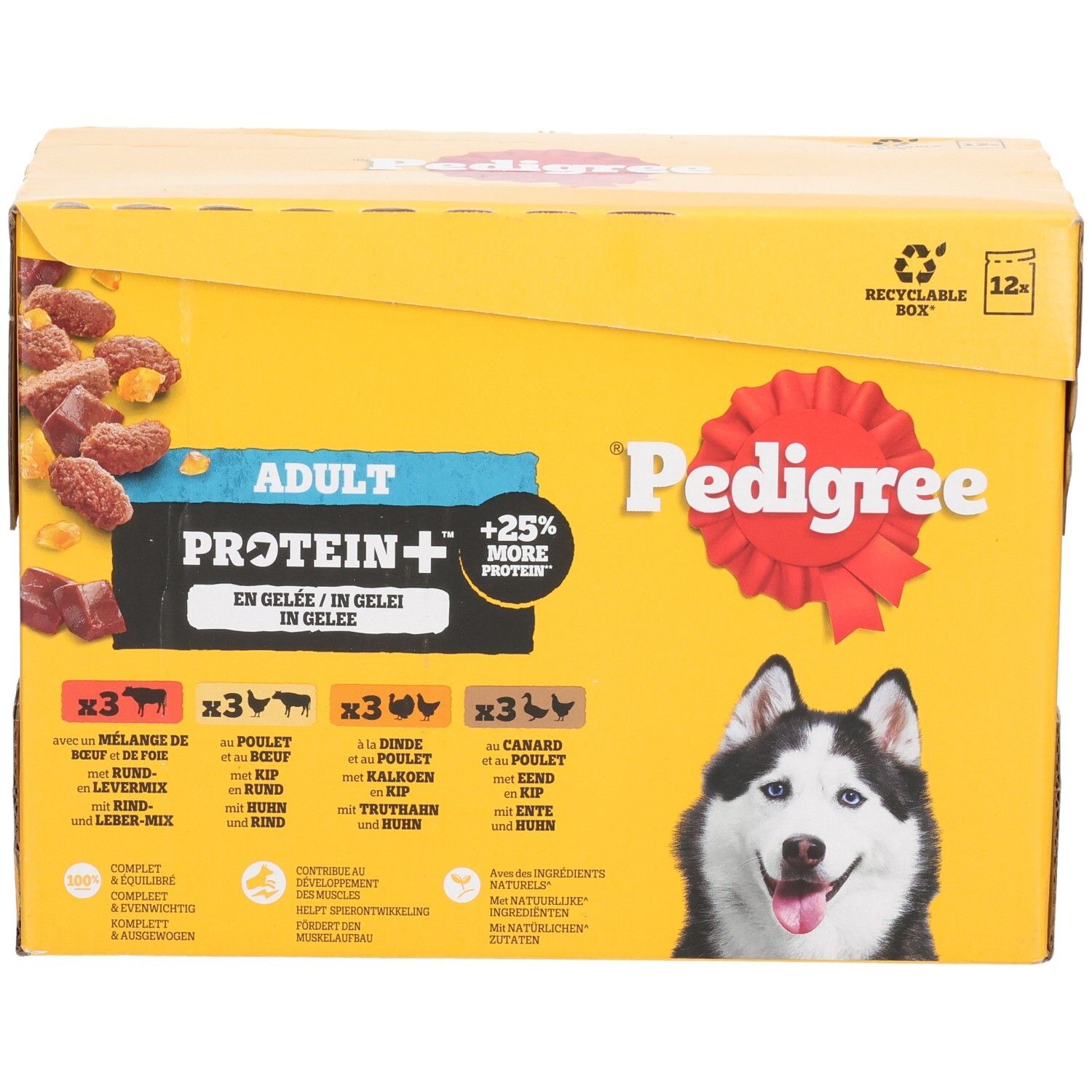 Voorkant van de Pedigree Adult Protein+ hondenvoer verpakking, 12 stuks. Toont rund, kip, lam en kalkoen.
