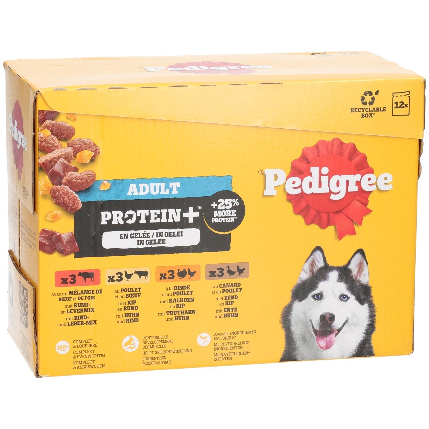 Pedigree Adult Protein+ hondenvoer in gelei, verpakking van 12. Close-up van de varianten rund, kip, lam en kalkoen.