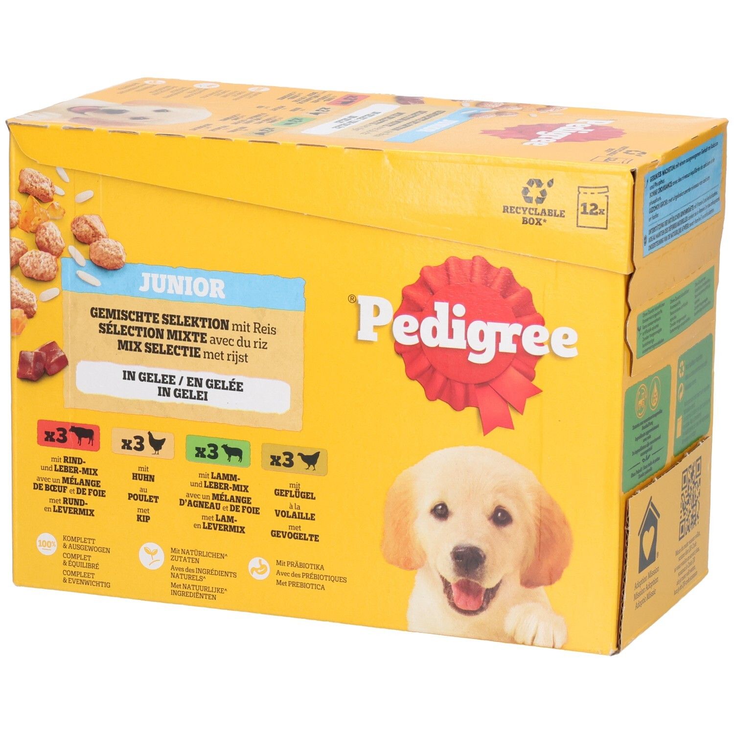Pedigree Junior sélection mixte avec riz en gelée. Contient bœuf, poulet, agneau et volaille.