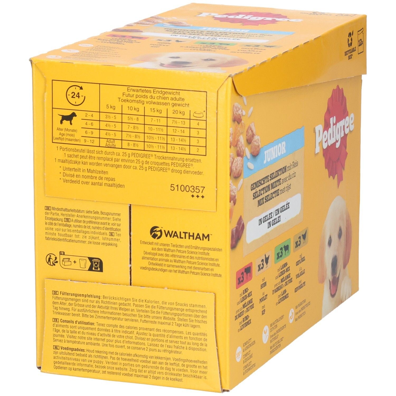 Arrière de la boîte Pedigree Junior avec recommandations alimentaires et ingrédients.