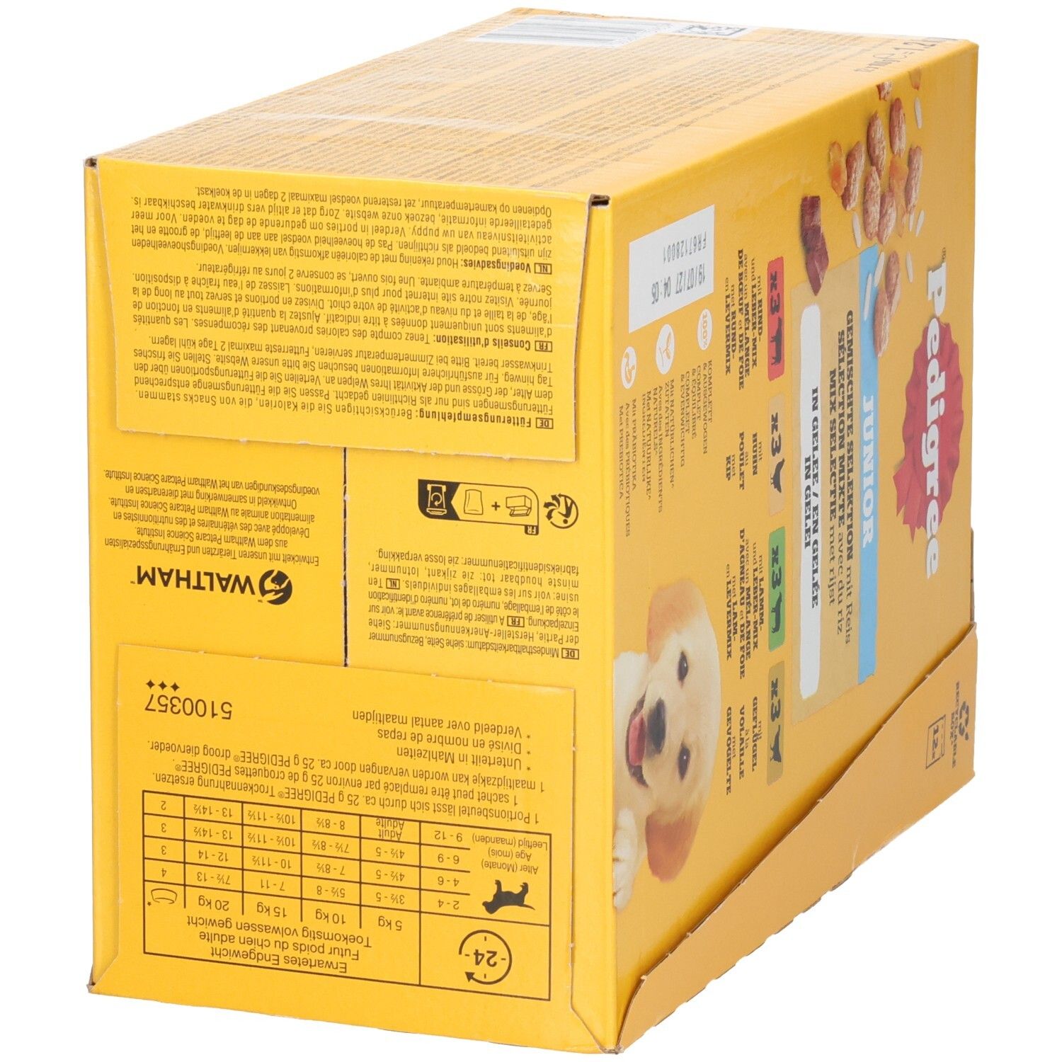 Vue latérale de la boîte Pedigree Junior avec recommandations alimentaires et ingrédients.