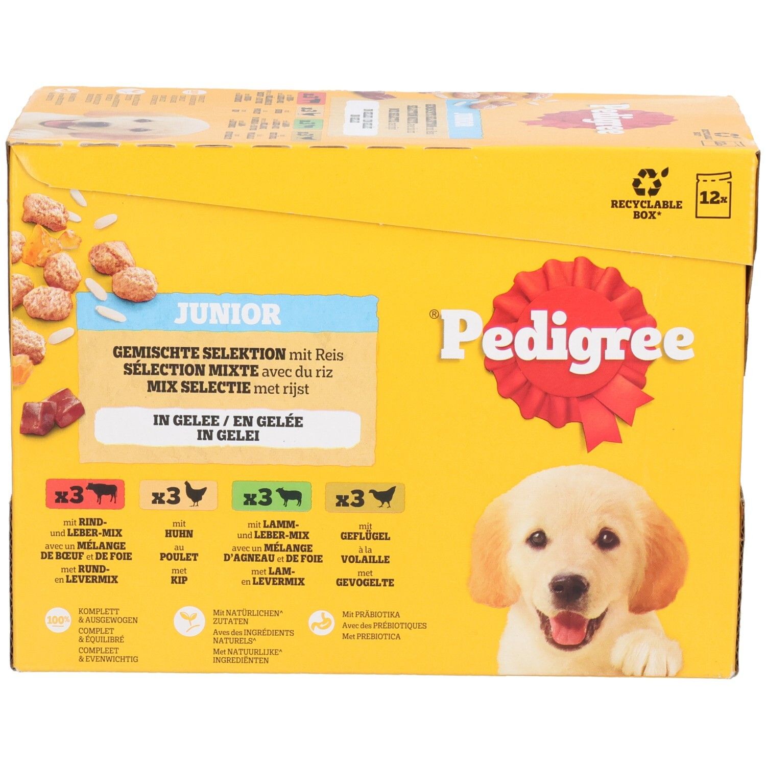 Face avant de la boîte Pedigree Junior avec image de chiot et sélection de saveurs.