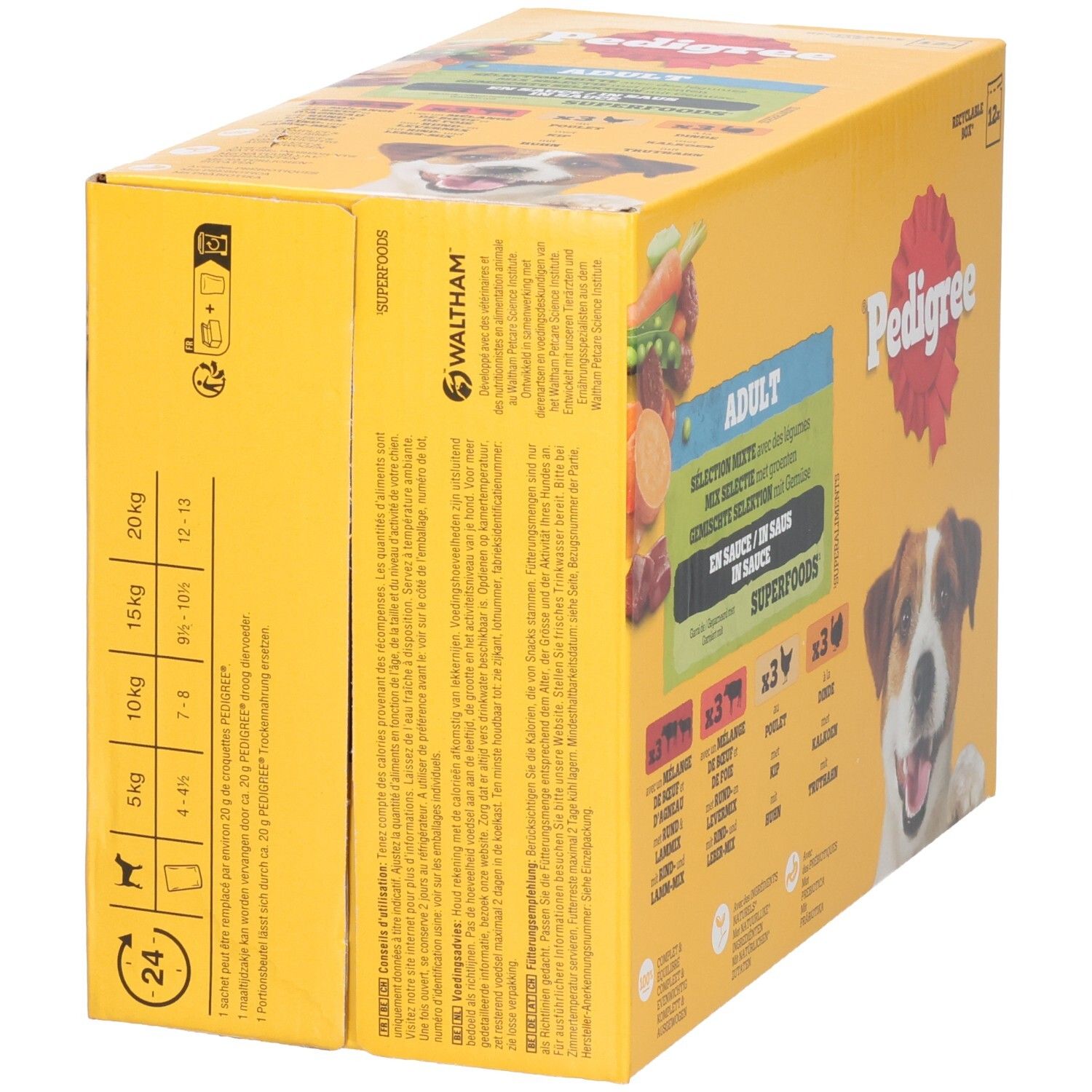 Pedigree Adult Superfoods hondenvoerbox met groenten, zijaanzicht met voedingsadvies.