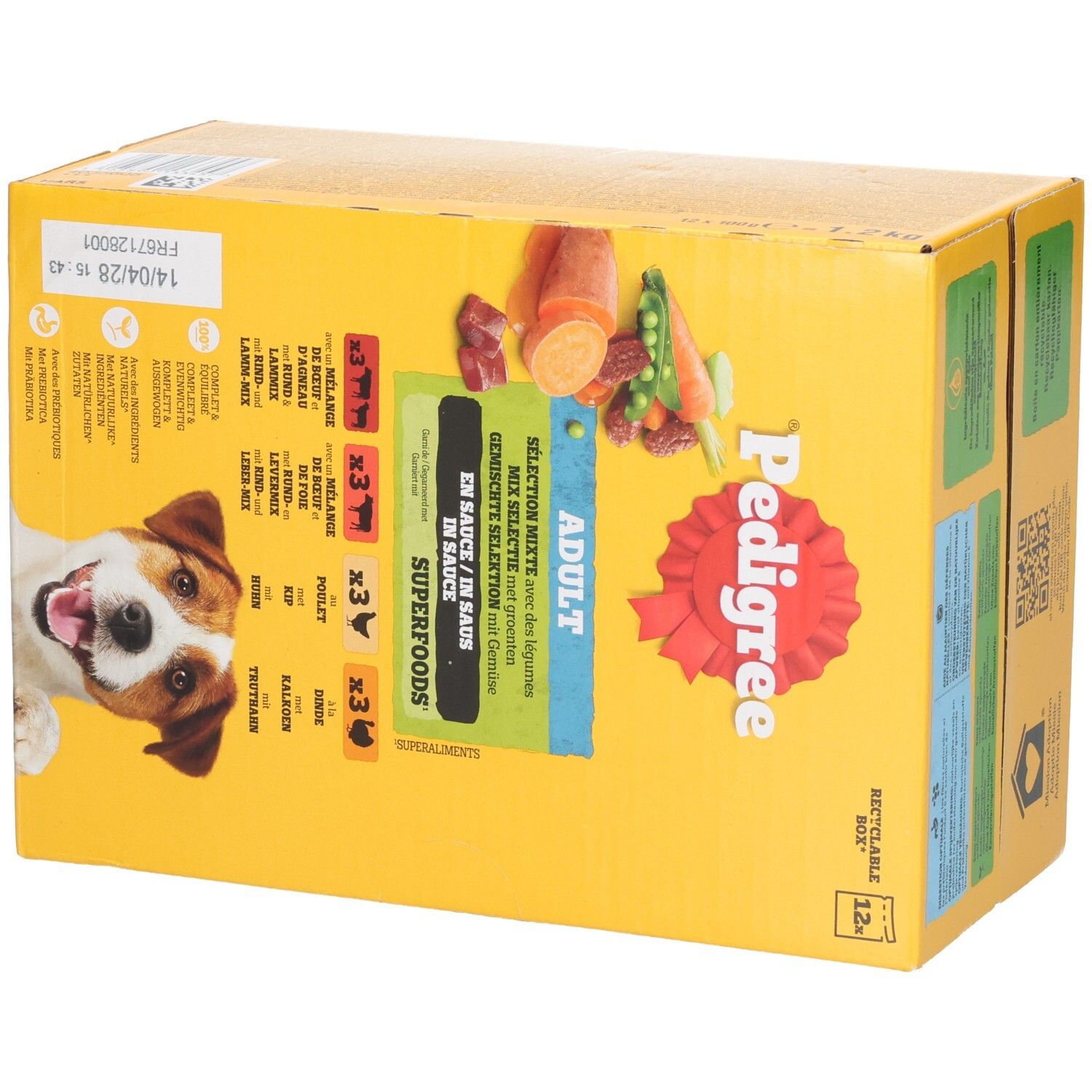 Pedigree Adult Superfoods hondenvoerbox met groenten, voorkant met honden gezicht en smaken.