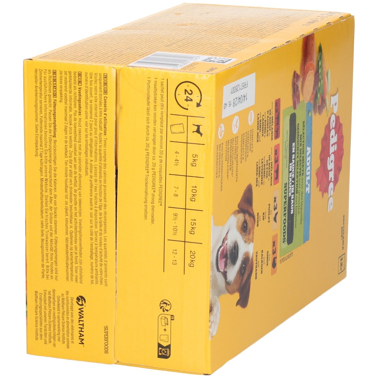 Pedigree Adult Superfoods hondenvoerbox met groenten, achterkant met voedingstabel en ingrediënten.