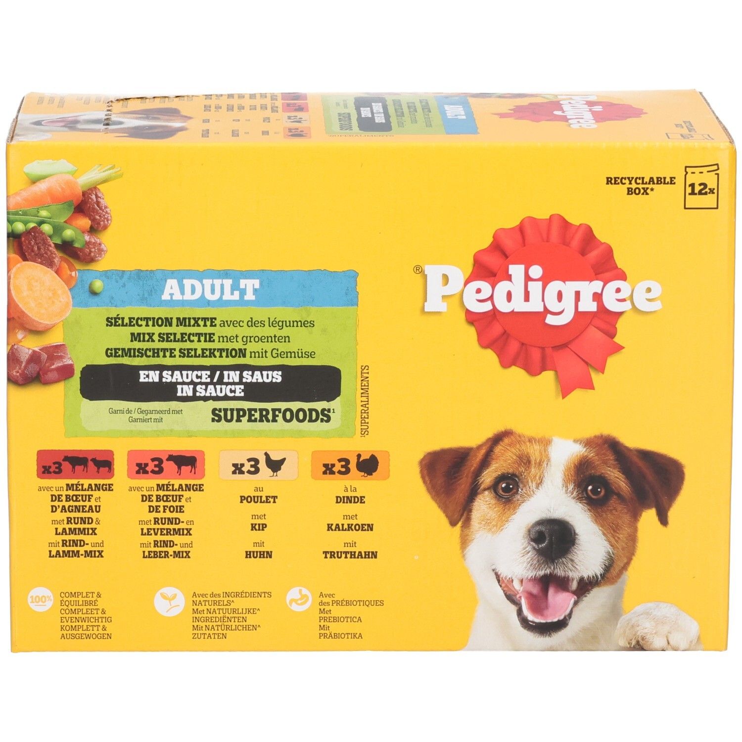 Pedigree Adult Superfoods hondenvoerbox met groenten, 12x multipack, voorkant met honden gezicht.