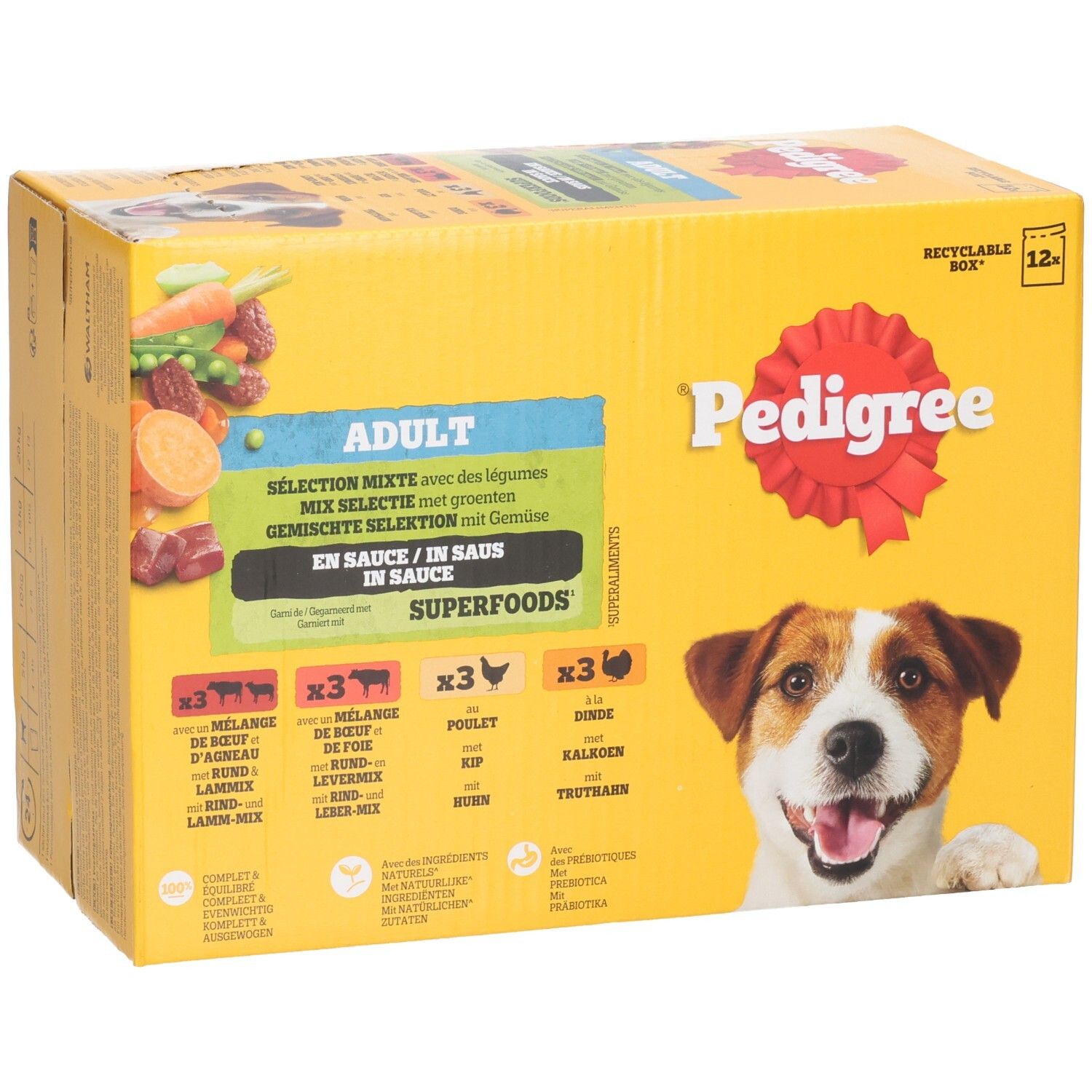 Pedigree Adult Superfoods hondenvoerbox met groenten, vooraanzicht met honden gezicht en smaken.