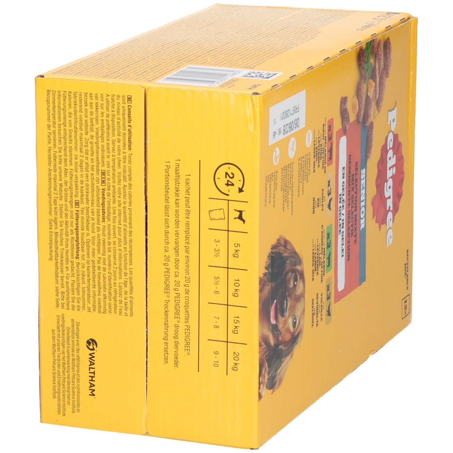 Boîte de 12 sachets Pedigree Protein+ Adulte en gelée pour chien. Contient bœuf, volaille et foie.