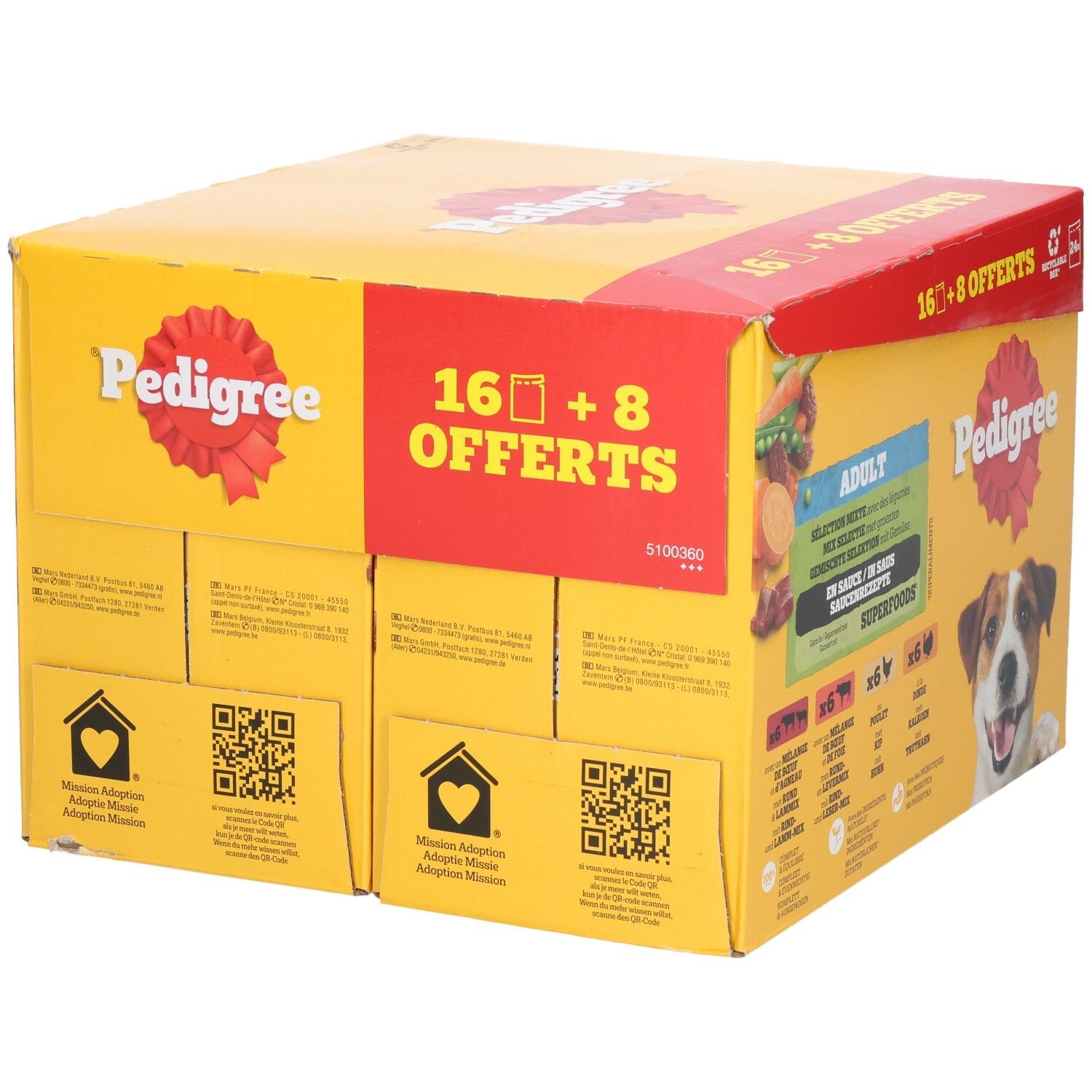 Achterkant van een Pedigree Multipack doos met 16+8 Gratis Zakjes Hondenvoer, Adult.