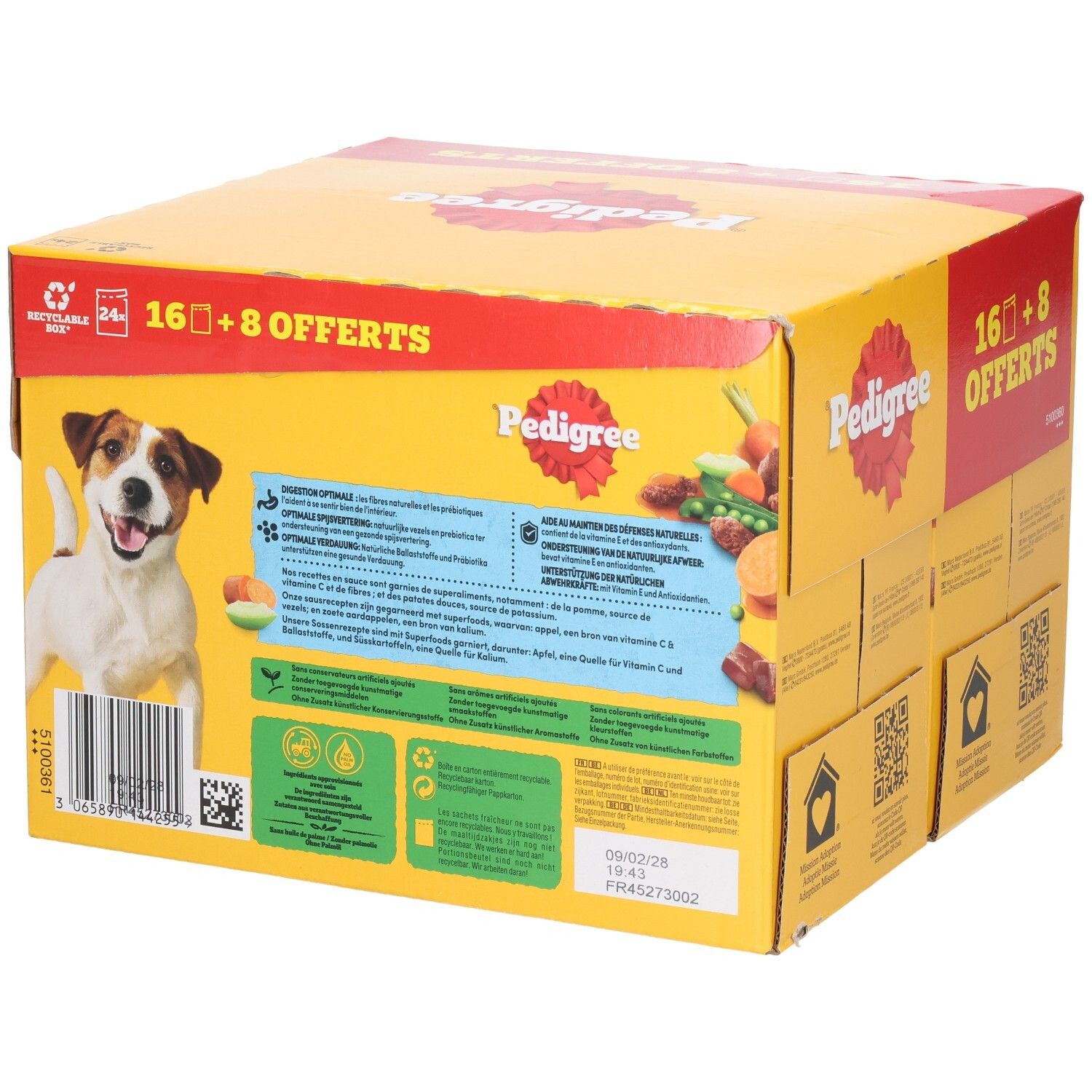 Zijkant van een Pedigree Multipack doos met 16+8 Gratis Zakjes Hondenvoer, Adult.
