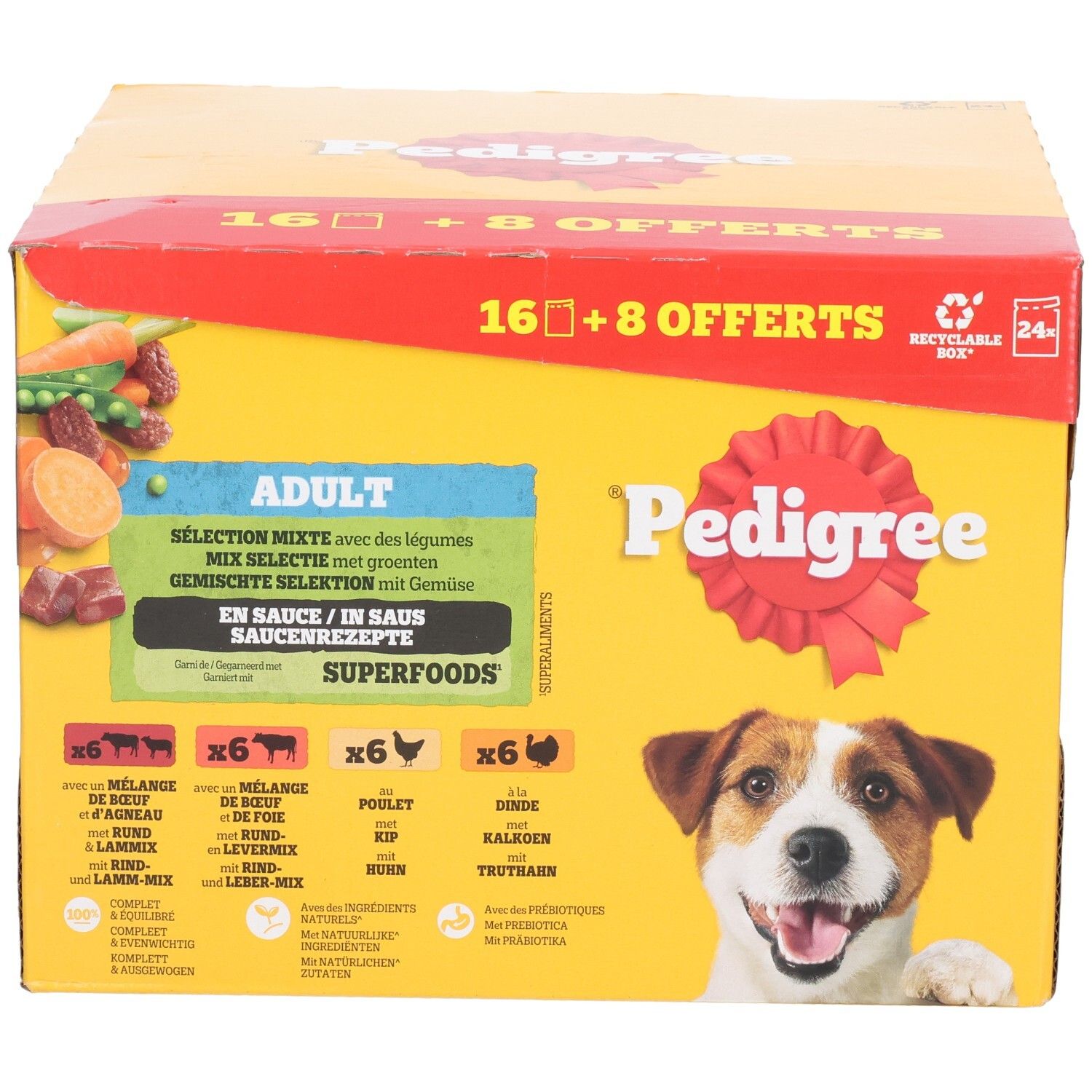Voorkant van een Pedigree Multipack doos met 16+8 Gratis Zakjes Hondenvoer, Adult, gemengde selectie.
