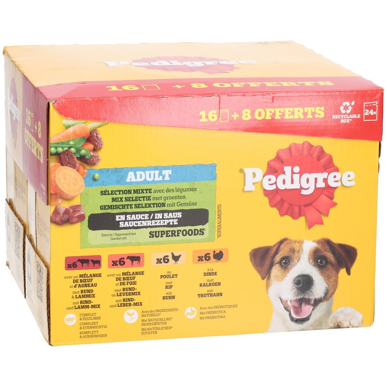 Pedigree Multipack met 16+8 Gratis Zakjes Hondenvoer, Adult, gemengde selectie met groenten.