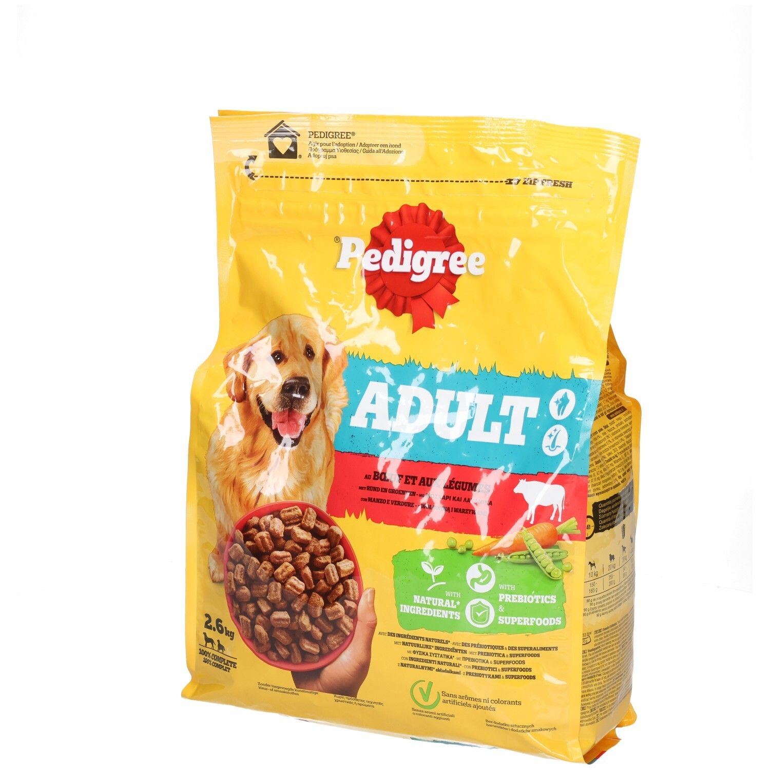 Pedigree Adult nourriture pour chien, bœuf, sac de 2,6kg avec image de chien et croquettes.