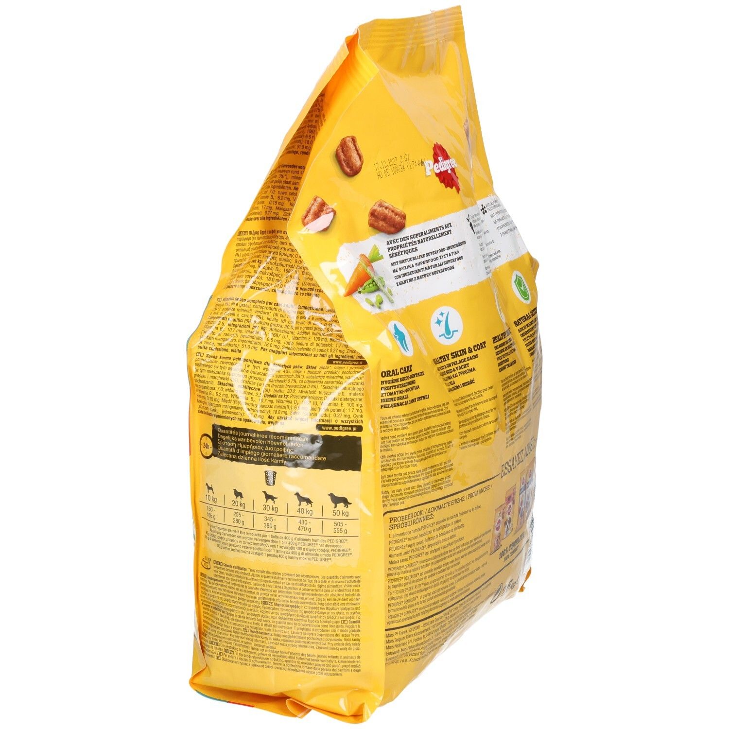 Pedigree Adult nourriture pour chien, bœuf, sac de 2,6kg, vue latérale avec recommandations alimentaires.