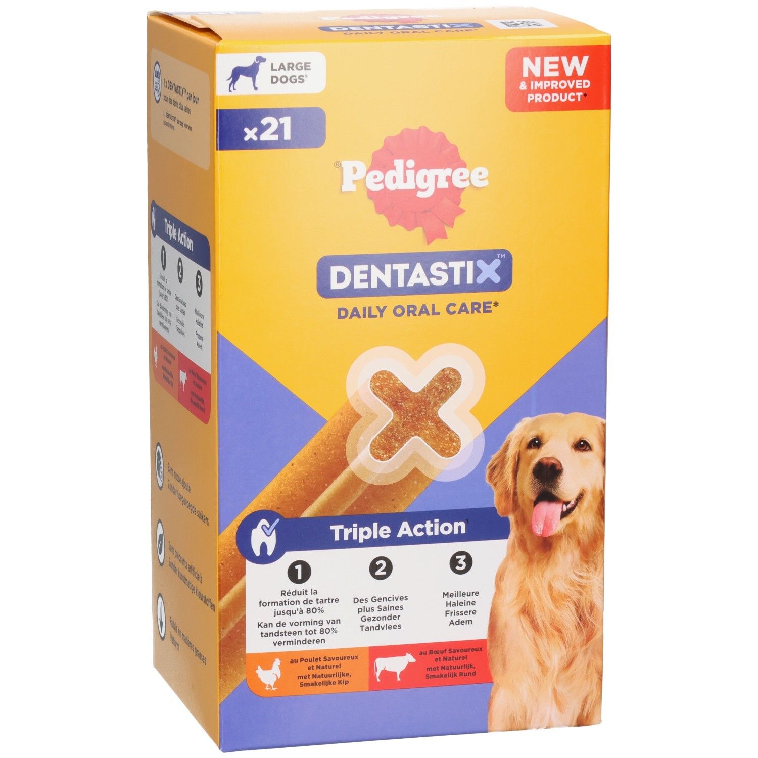 Verpakking Pedigree Dentastix voor grote honden, 21 stuks, voorkant met hond en productkenmerken.