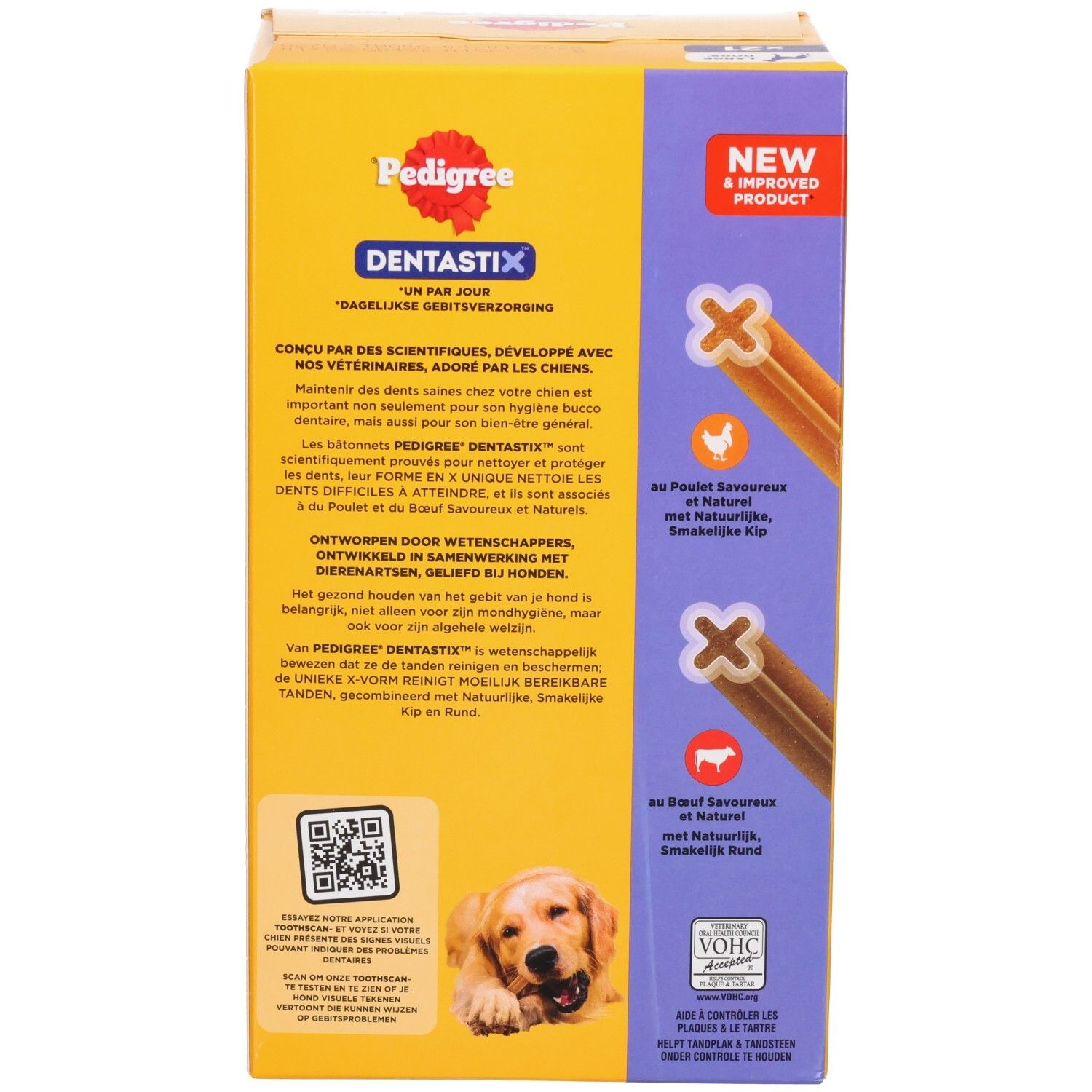 Verpakking Pedigree Dentastix voor grote honden met hondenras.