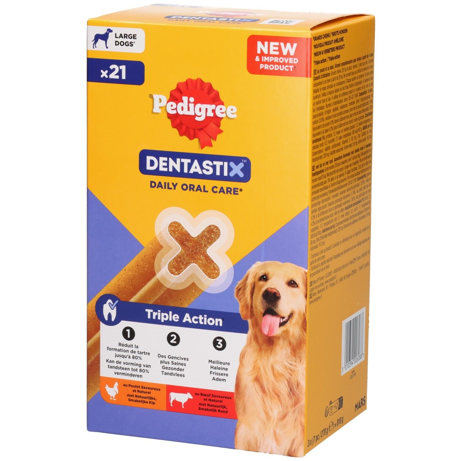 Verpakking Pedigree Dentastix voor grote honden, 21 stuks, voorkant met hond en productkenmerken.