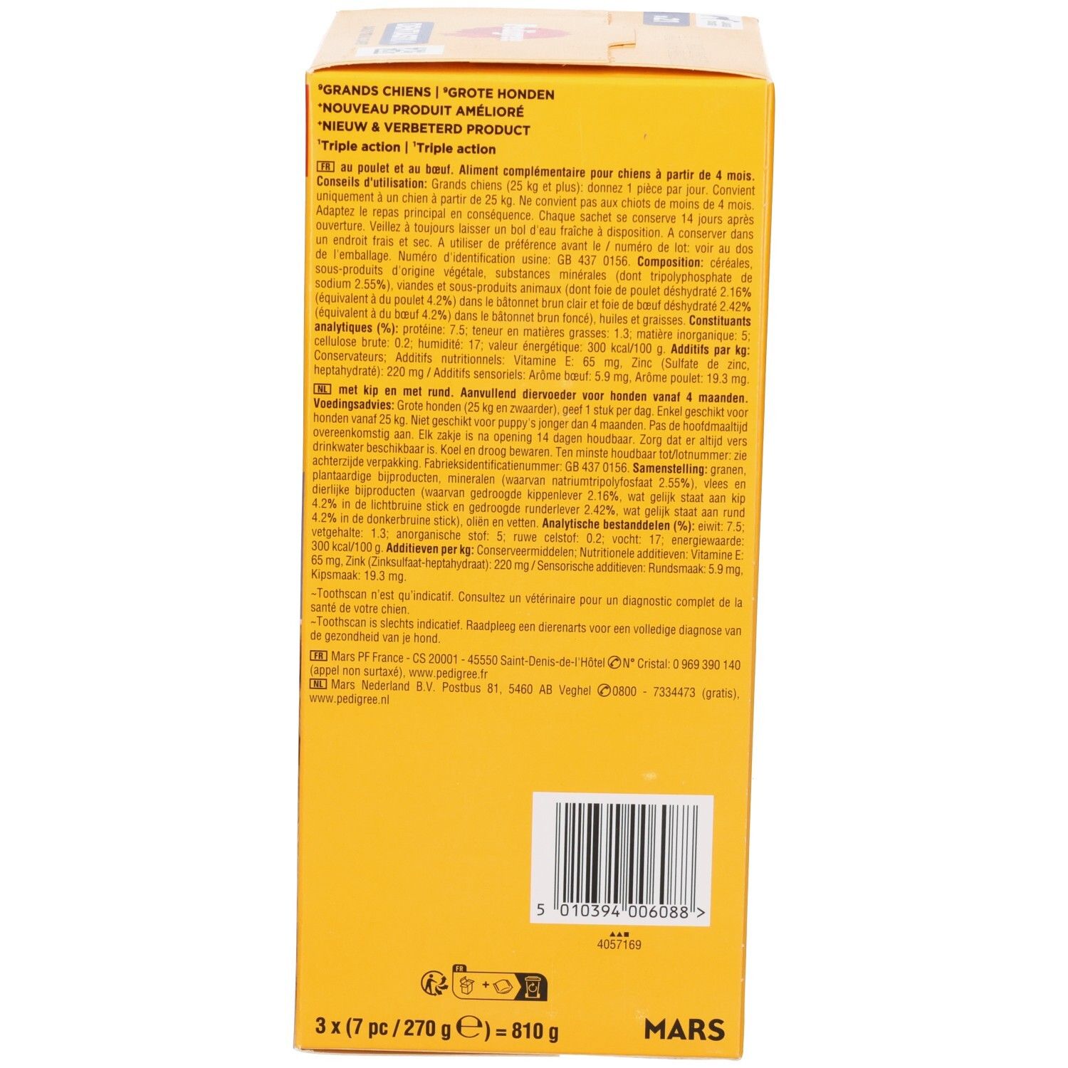 Verpakking Pedigree Dentastix voor grote honden, 3x7 stuks, met productinformatie.