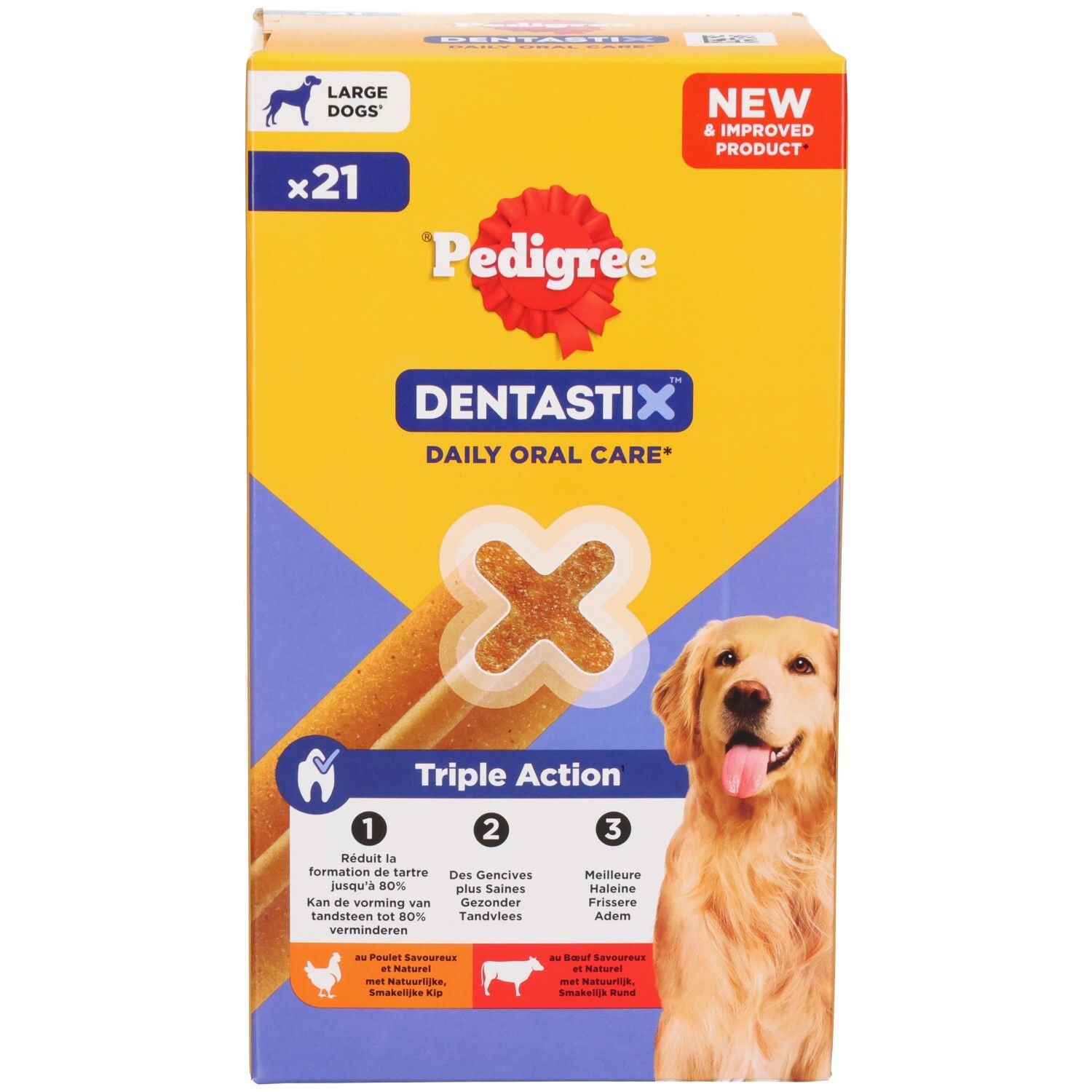 Verpakking Pedigree Dentastix voor grote honden met hondenras.