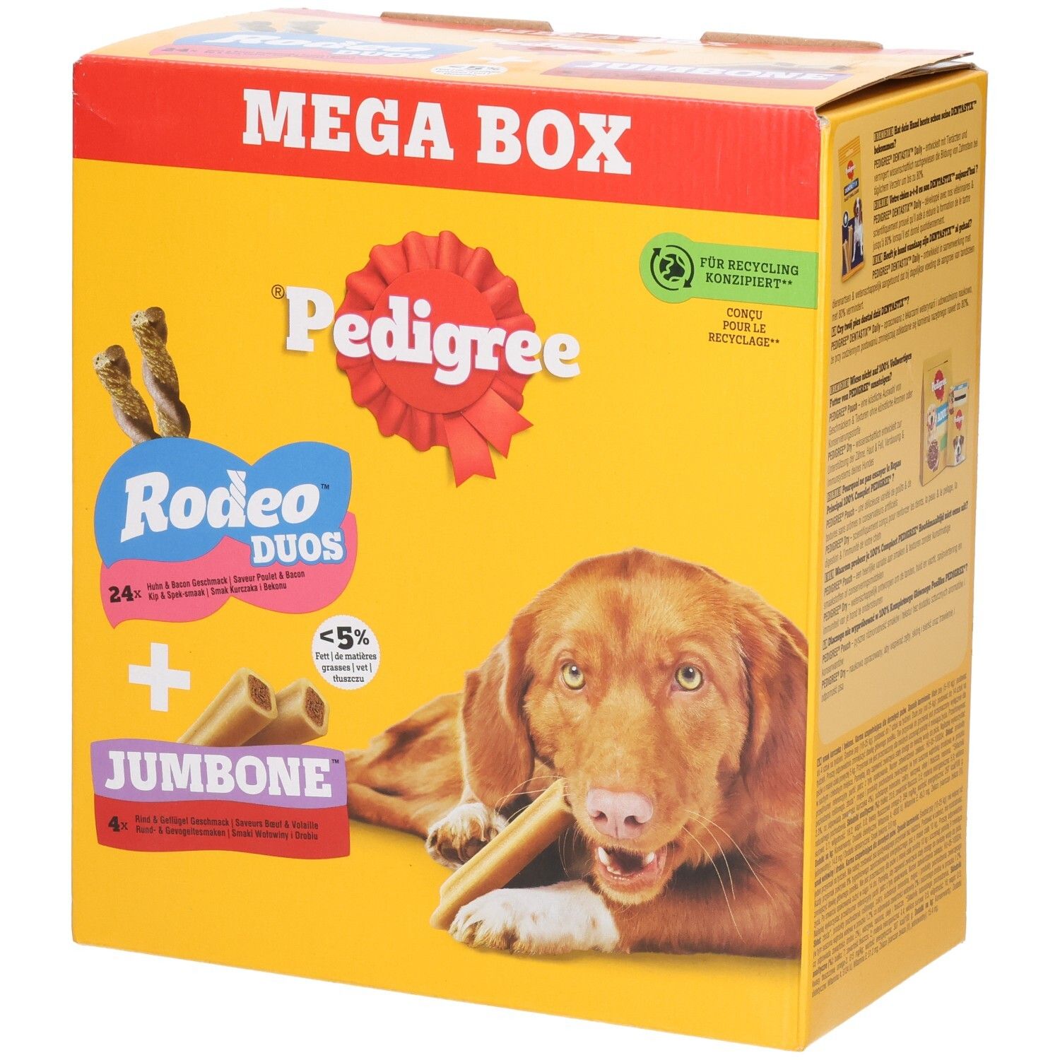 Pedigree Rodeo & Jumbone Megabox avec friandises pour chien.