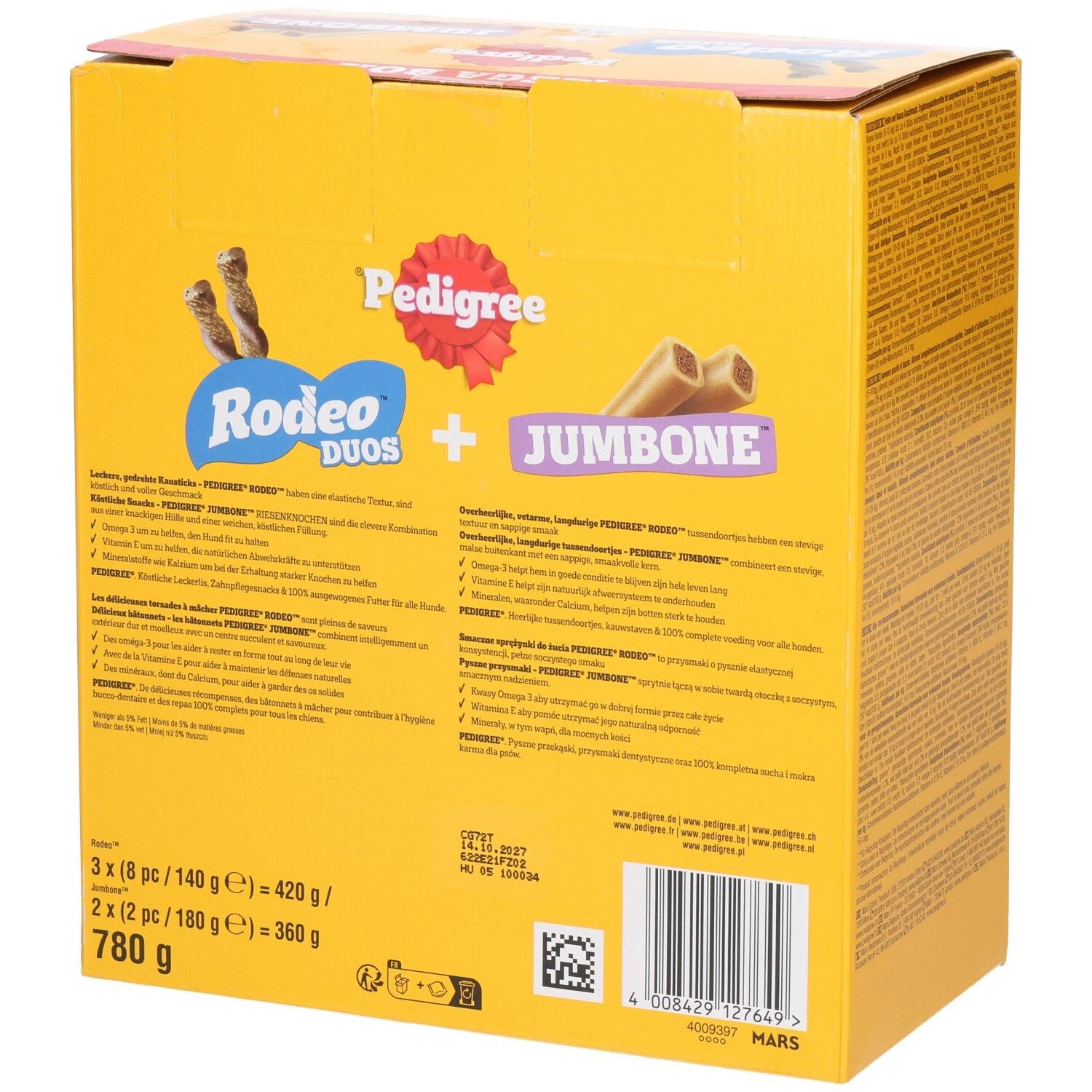 Vue latérale de la Pedigree Rodeo & Jumbone Megabox avec détails du contenu.