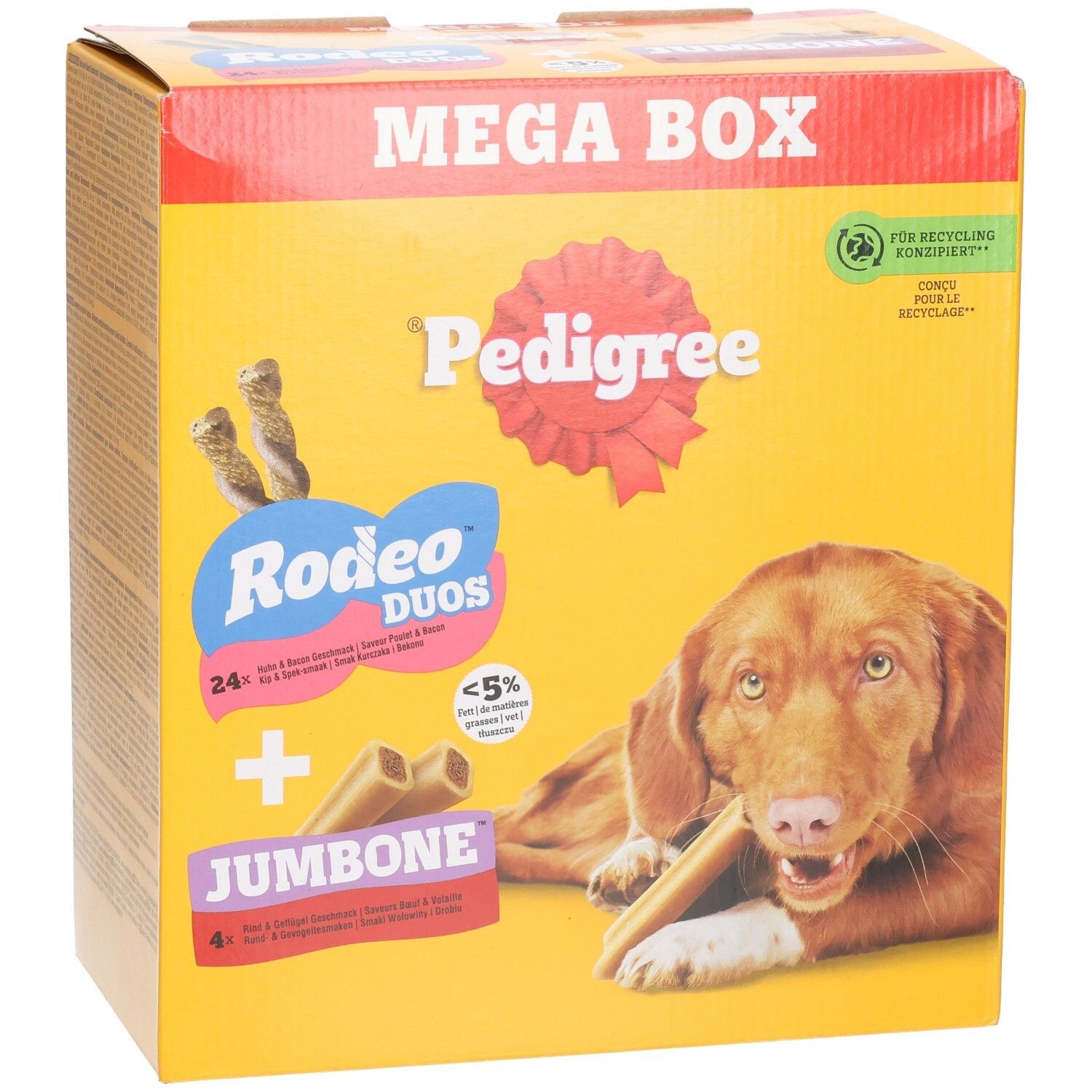 Pedigree Rodeo & Jumbone Megabox avec friandises pour chien.