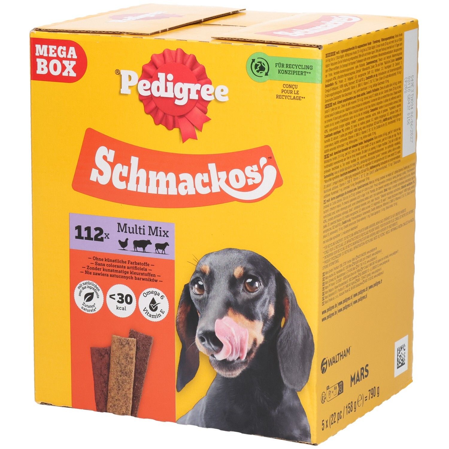 Pedigree Schmackos Mega Box met 112 Multi Mix hondenlekkernijen. Bevat drie verschillende smaken.