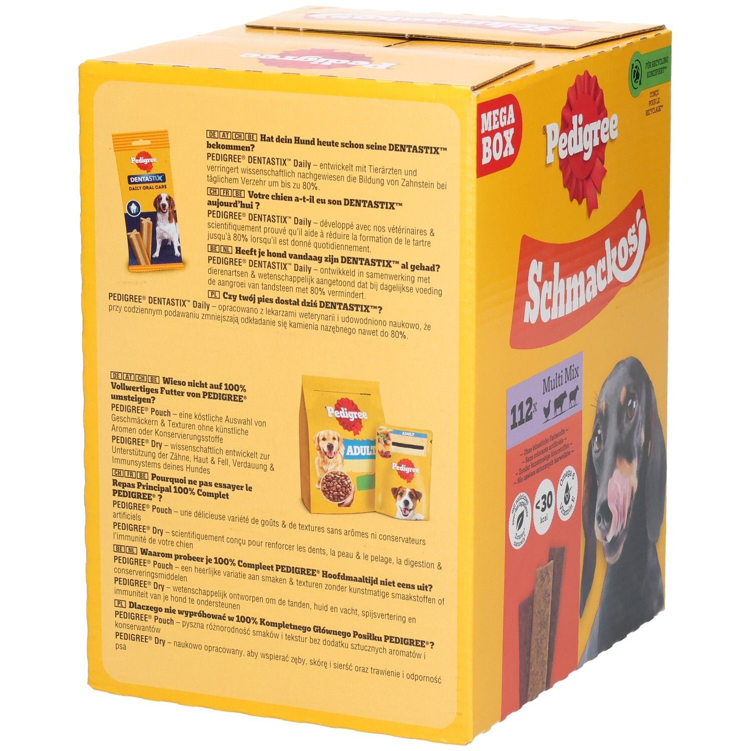 Pedigree Schmackos Mega Box met 112 Multi Mix hondenlekkernijen. Bevat drie verschillende smaken.