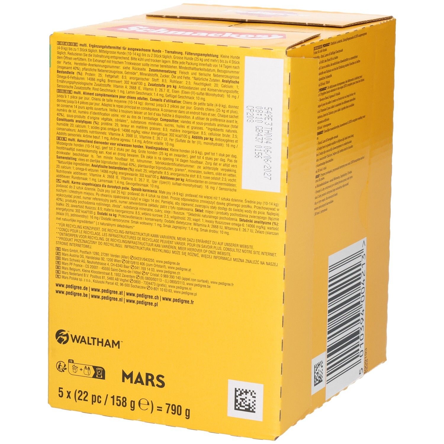 Achterkant van een Pedigree Dentastix Mega Pack doos met 105 stuks voor honden van 5-10kg. Met Triple Action.