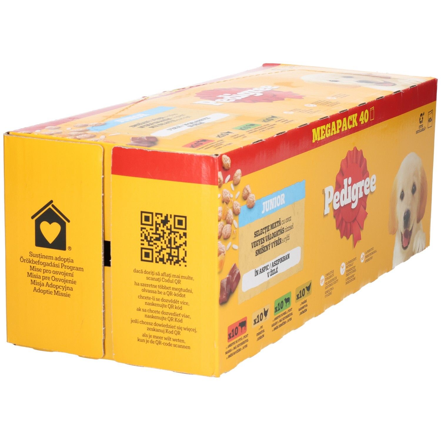 Pedigree Junior Megapack 40 : Vue latérale du carton avec QR code et informations.
