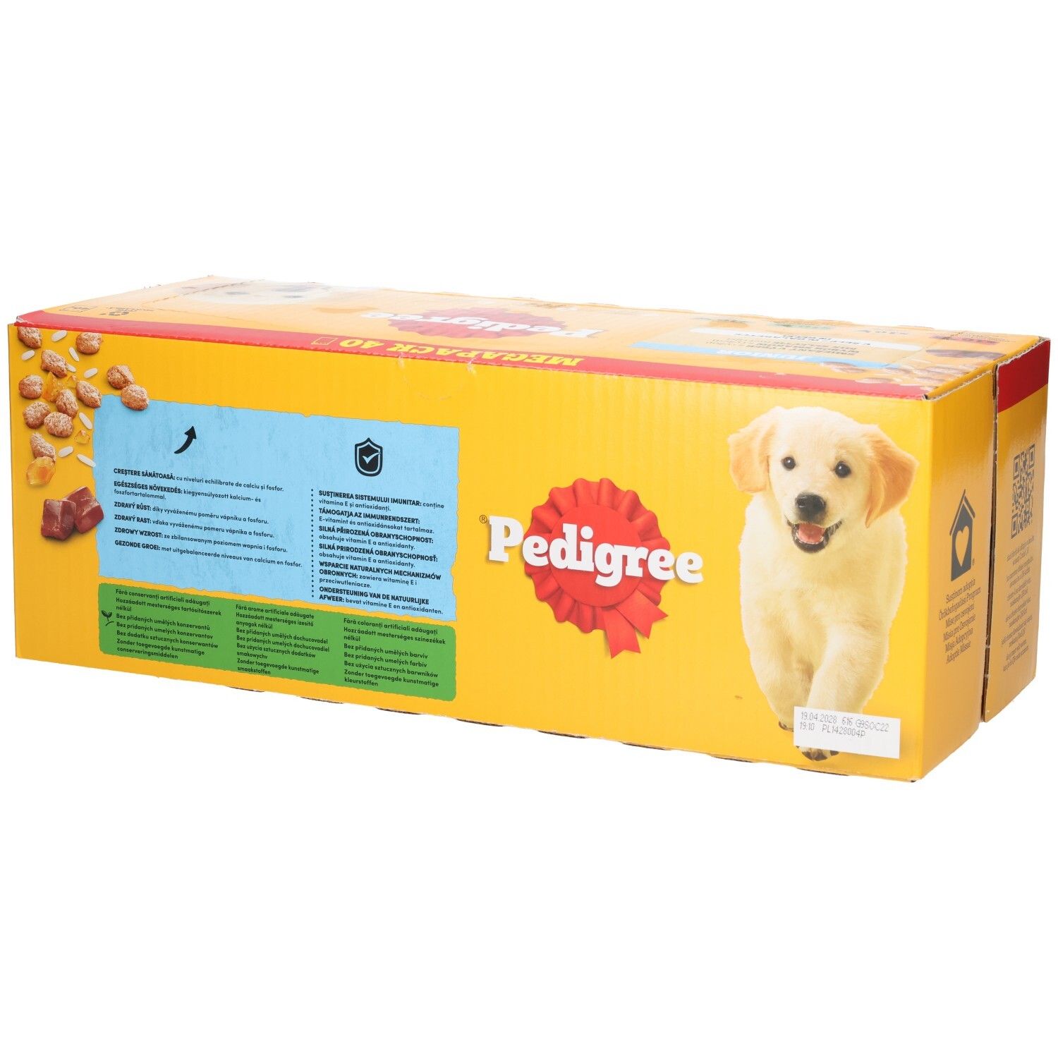 Pedigree Junior Megapack 40 : Arrière du carton avec informations produit et logos.
