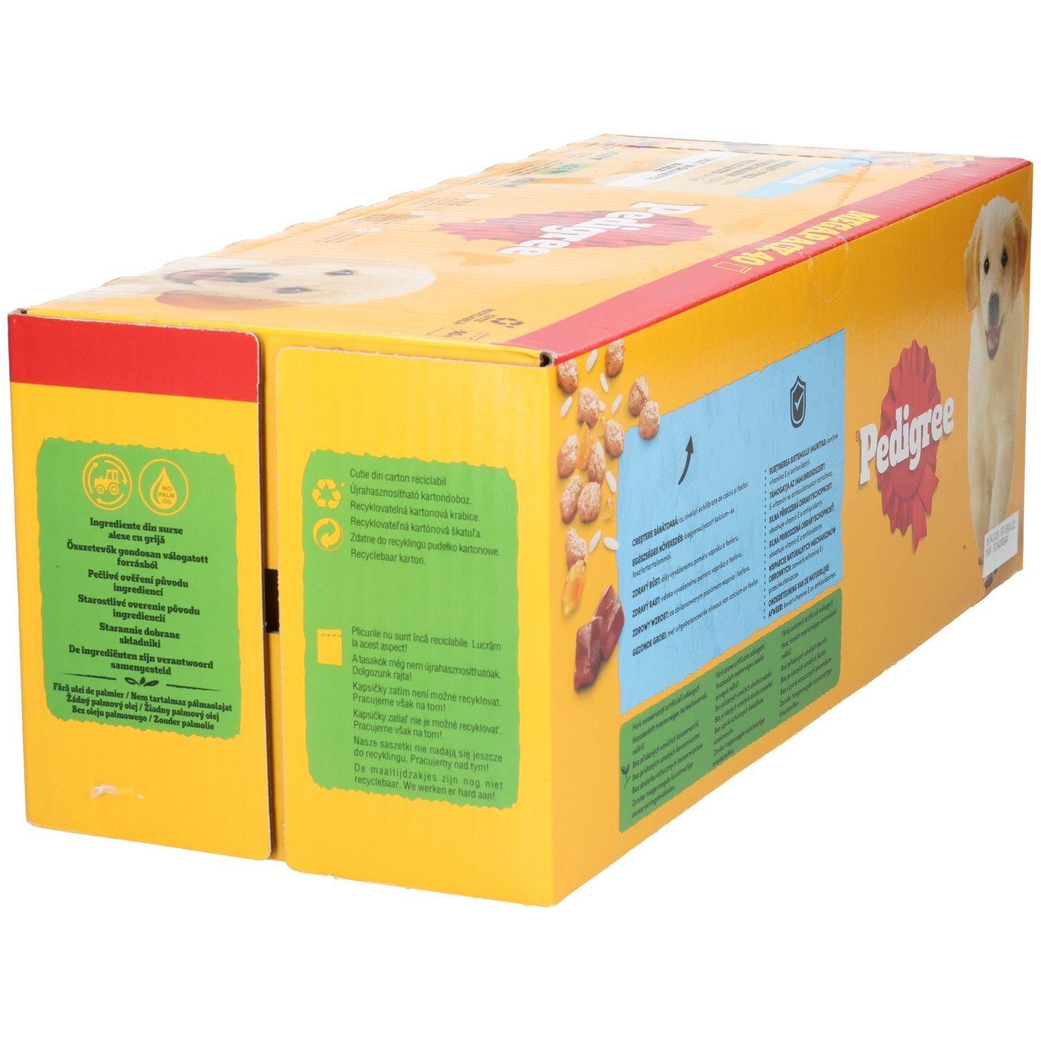 Pedigree Junior Megapack 40 : Vue latérale du carton avec informations sur les ingrédients.