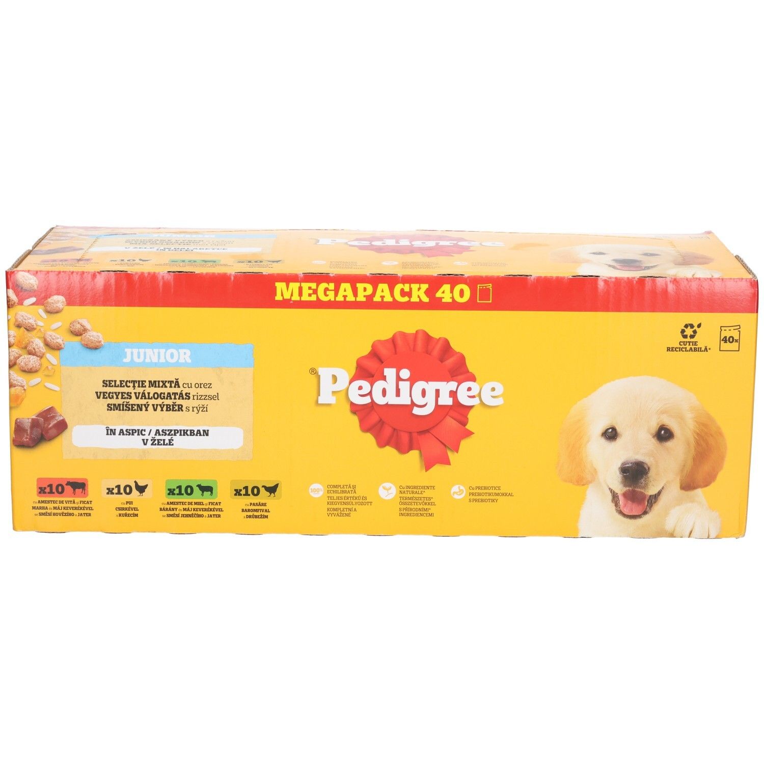 Pedigree Junior Megapack 40 : Façade du carton avec image de chiot et variantes produit.