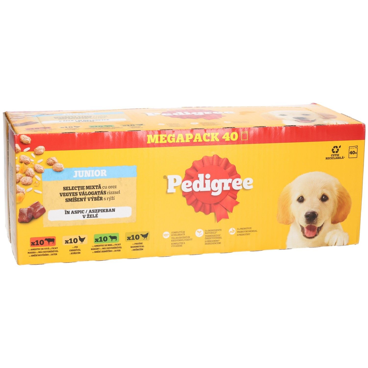 Pedigree Junior Megapack 40 : Carton de 40 sachets de nourriture pour chien, vue de face.