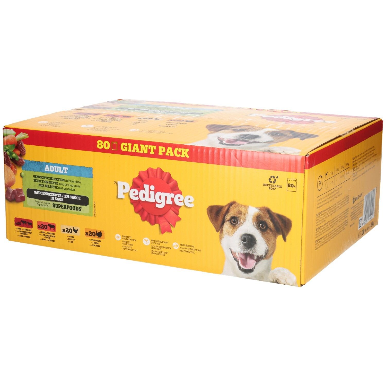 Pedigree verpakking met 80 stuks voor volwassen honden, met Superfoods.